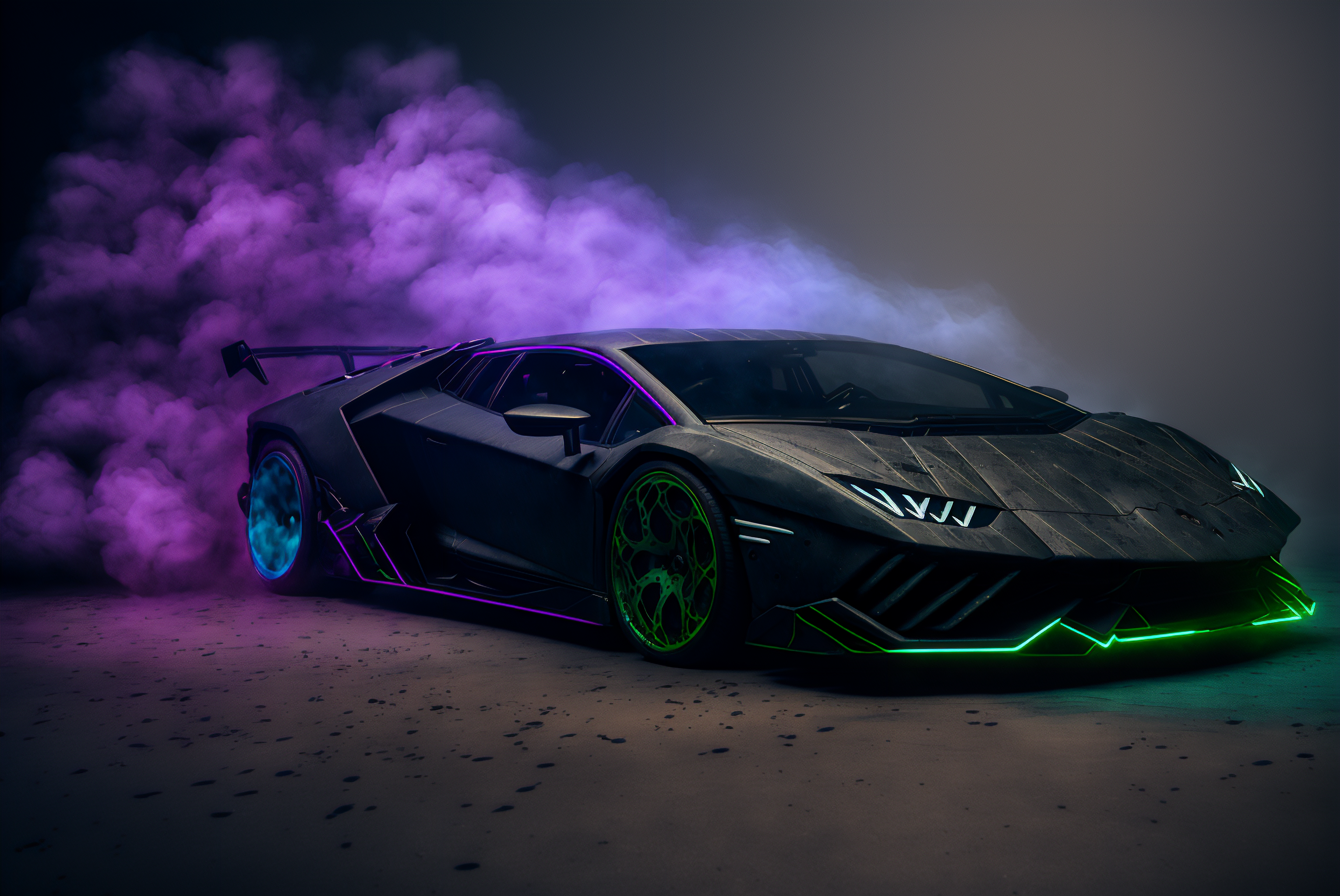 AI art, sports car, cyberpunk, futuristic, studio, neon, headlights, Lamborghini, Lamborghini Aventador, car spoiler, italian cars, Volkswagen Groupx2048 Wallpaper