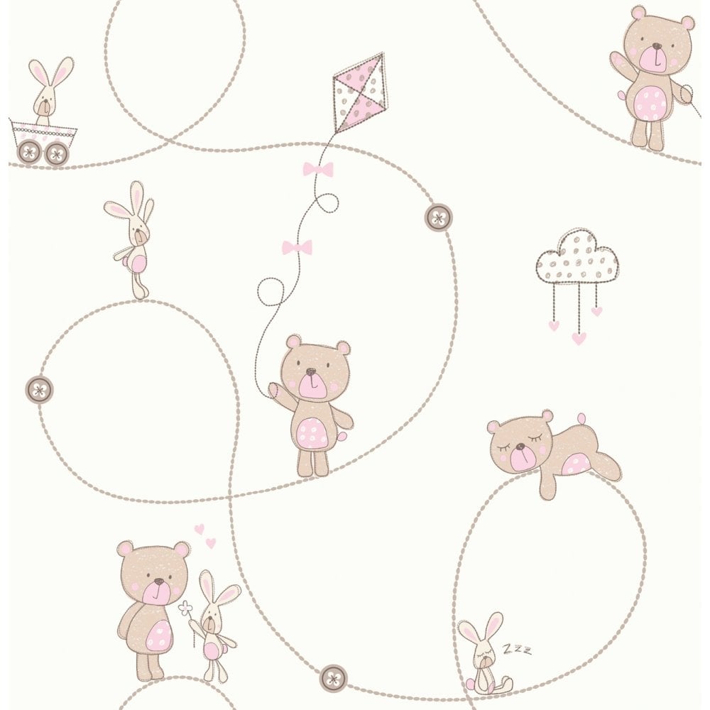 Carousel Bear & Boo Childrens Wallpaper White, Pink, Beige (DL21103) from I Love Wallpaper UK