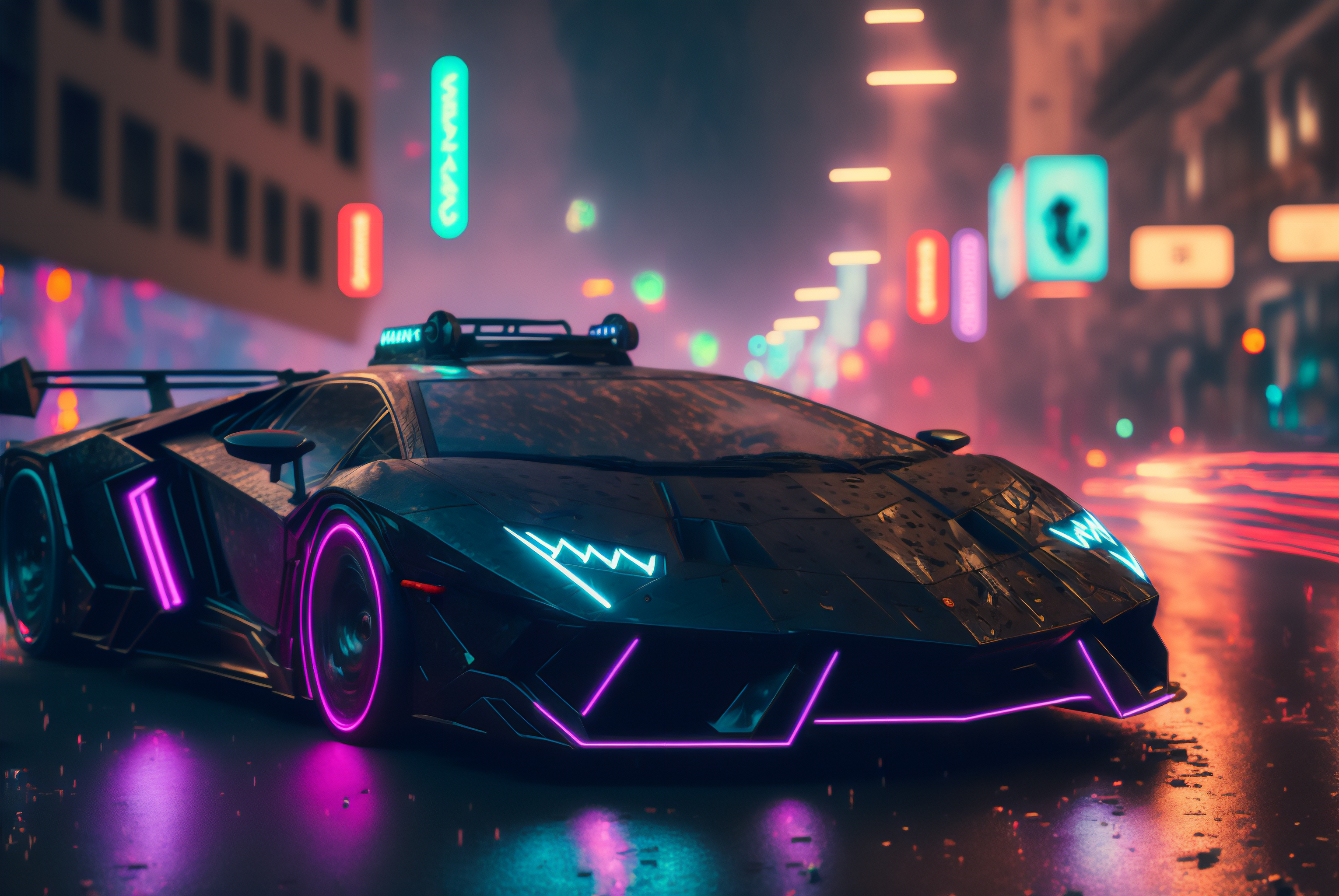 AI art, car, sports car, cyberpunk, futuristic, street, neon, headlights, city lightsx2048 Wallpaper