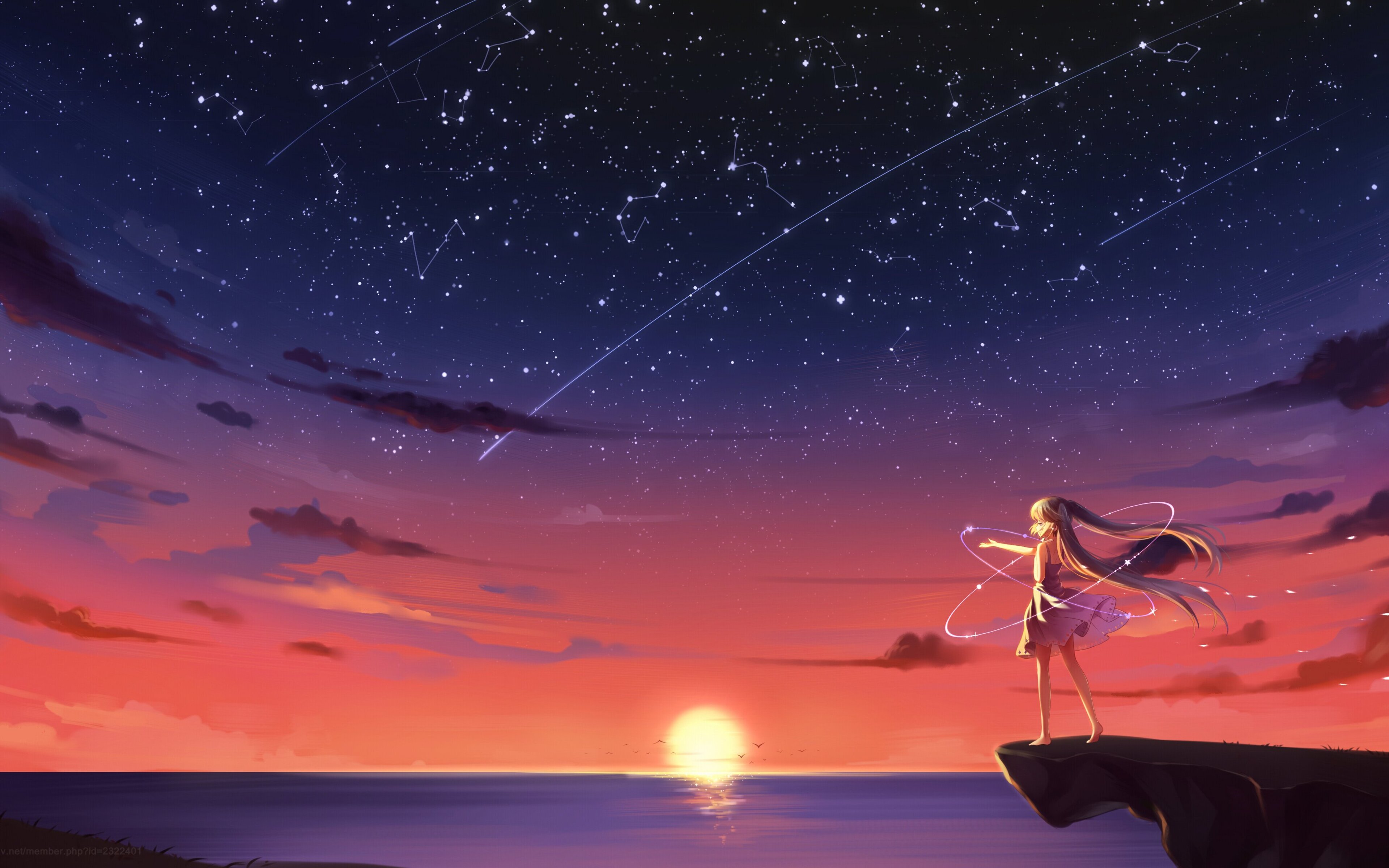 Anime Girl Barefoot Blonde Sky Stars Sunset 4k 4K , HD 4k Wallpaper, Image, Background, Photos and Picture