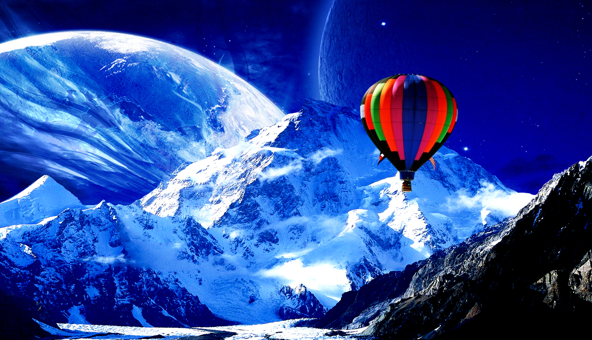 Mobile wallpaper: Landscape, Winter, Moon, Snow, Mountain, 3D, Balloon, Photography, Psychedelic, Scenic, Cgi, Manipulation, Trippy, Hot Air Balloon, 552244 download the picture for free