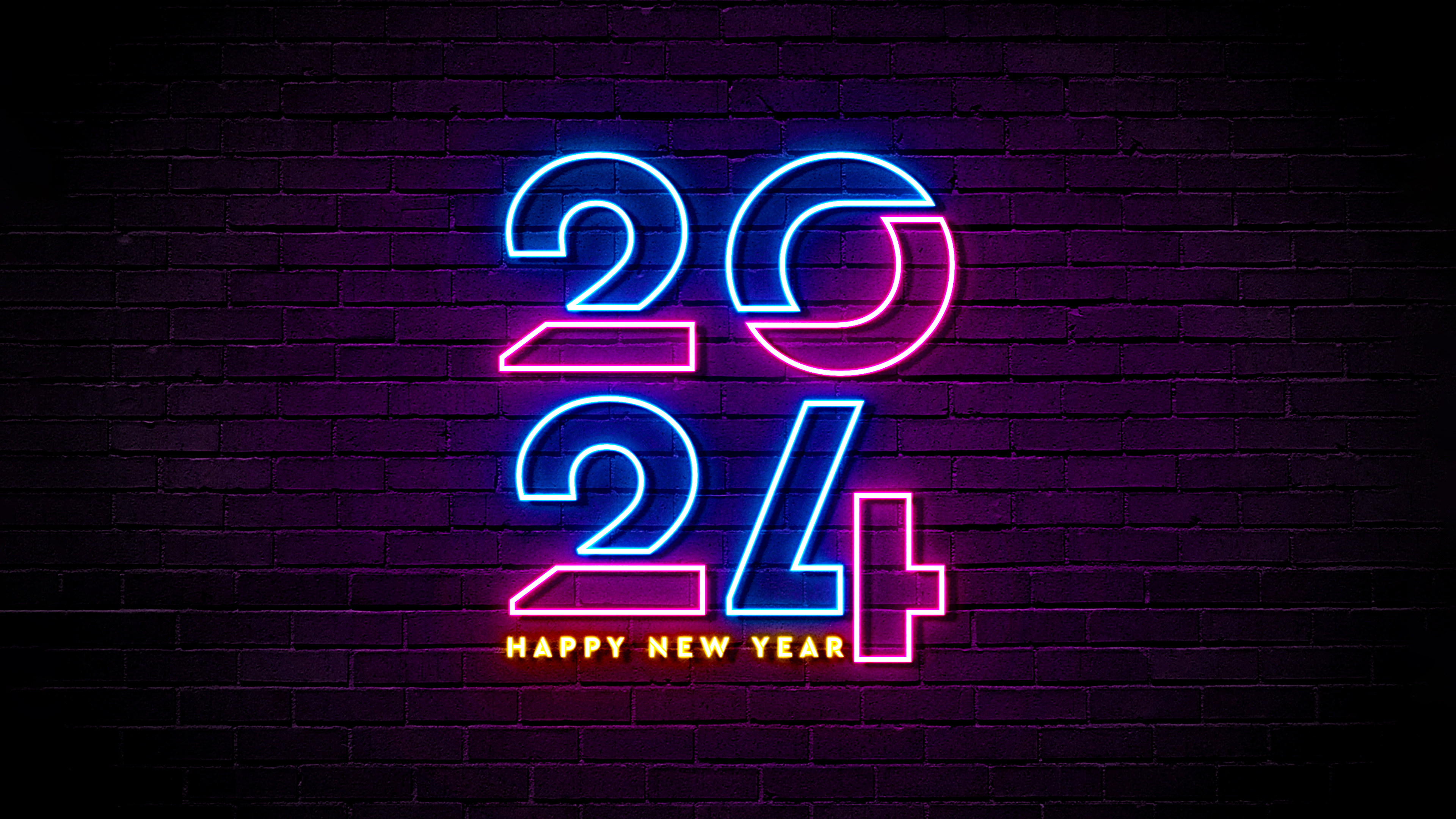 2024 Happy New Year Neon 4K Wallpaper