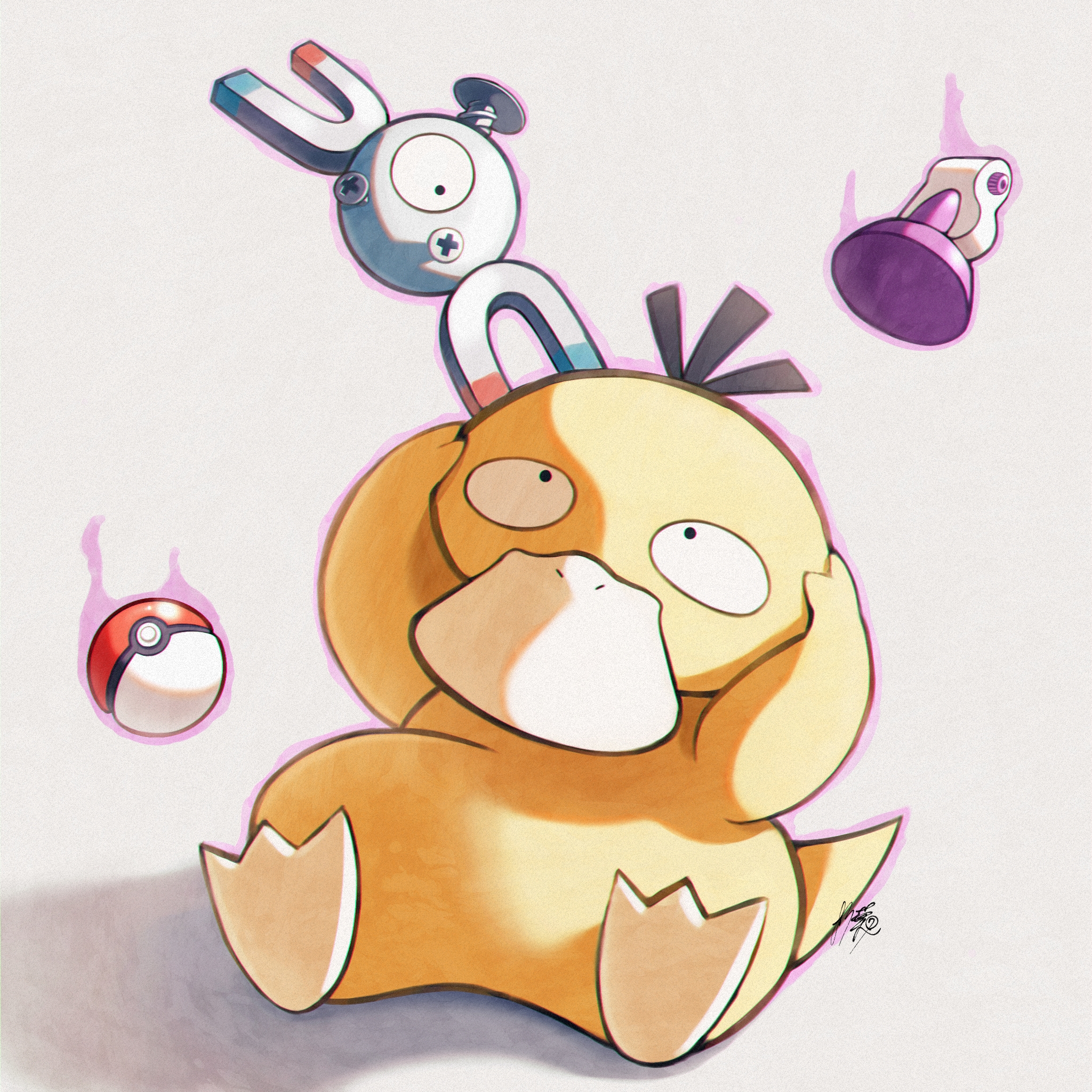 magnemite and psyduck (pokemon) drawn by kuchiba_(jret2454)