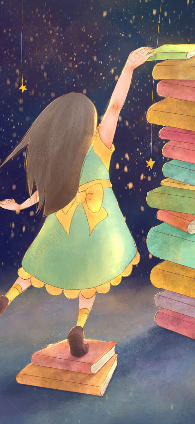 Download Phone Girl With Books Wallpaper