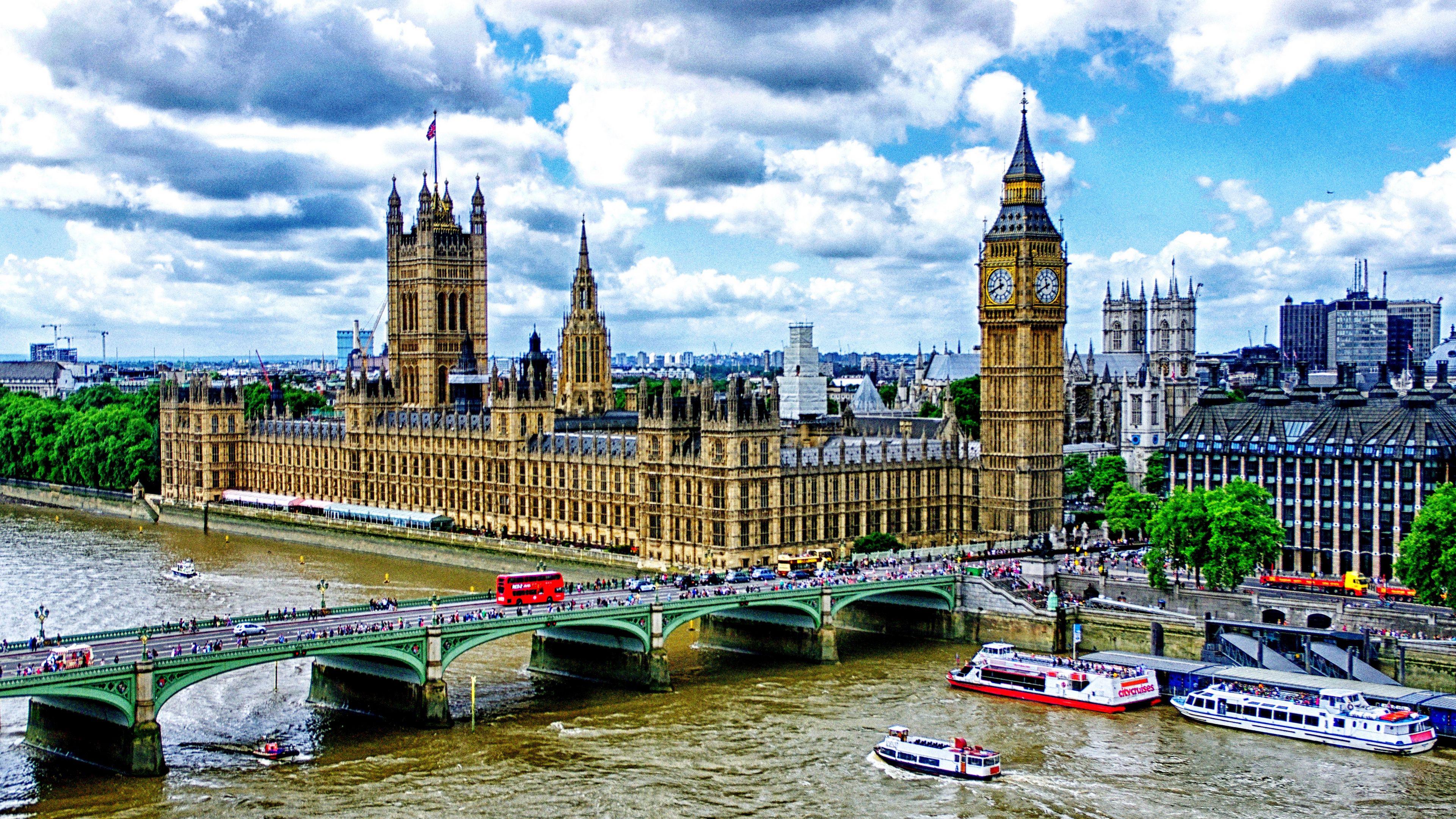 Download wallpaper 3840x2160 big ben, london, palace of westminster, bridge, river, thames, boats, hdr 4k uhd 16:9 HD background