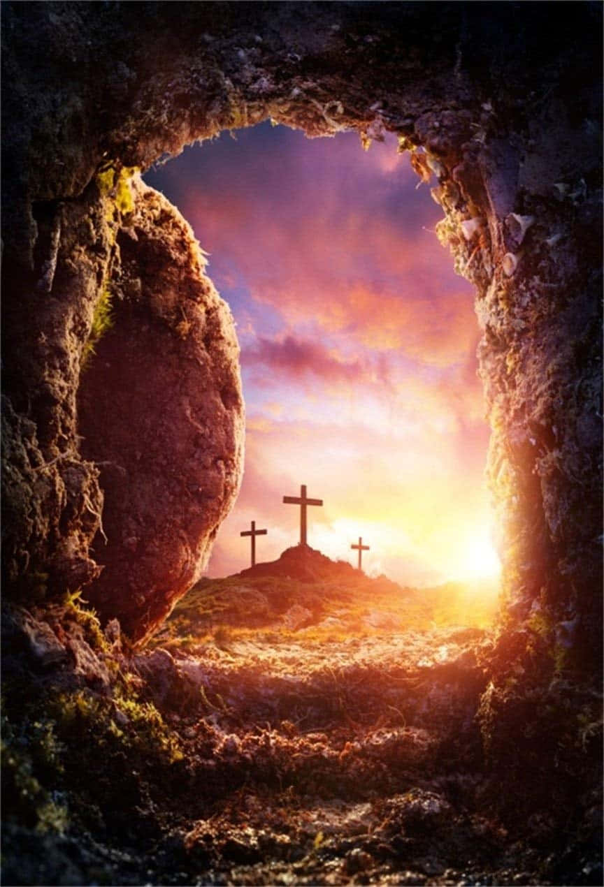 Download Easter Sunrise With Christian Cross In The Cave Wallpaper
