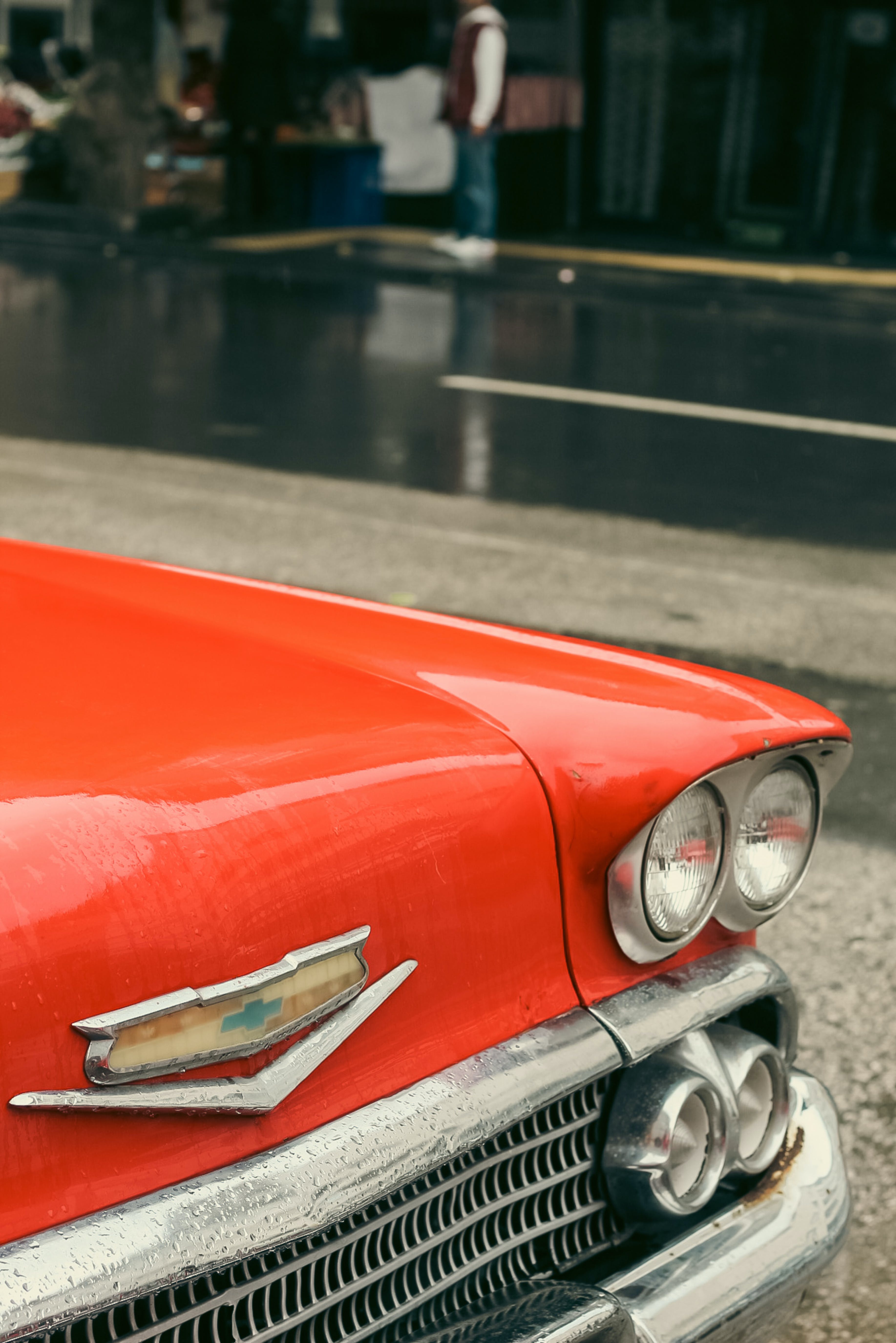 Close Up On Headlights Of Red Vintage Car · Free
