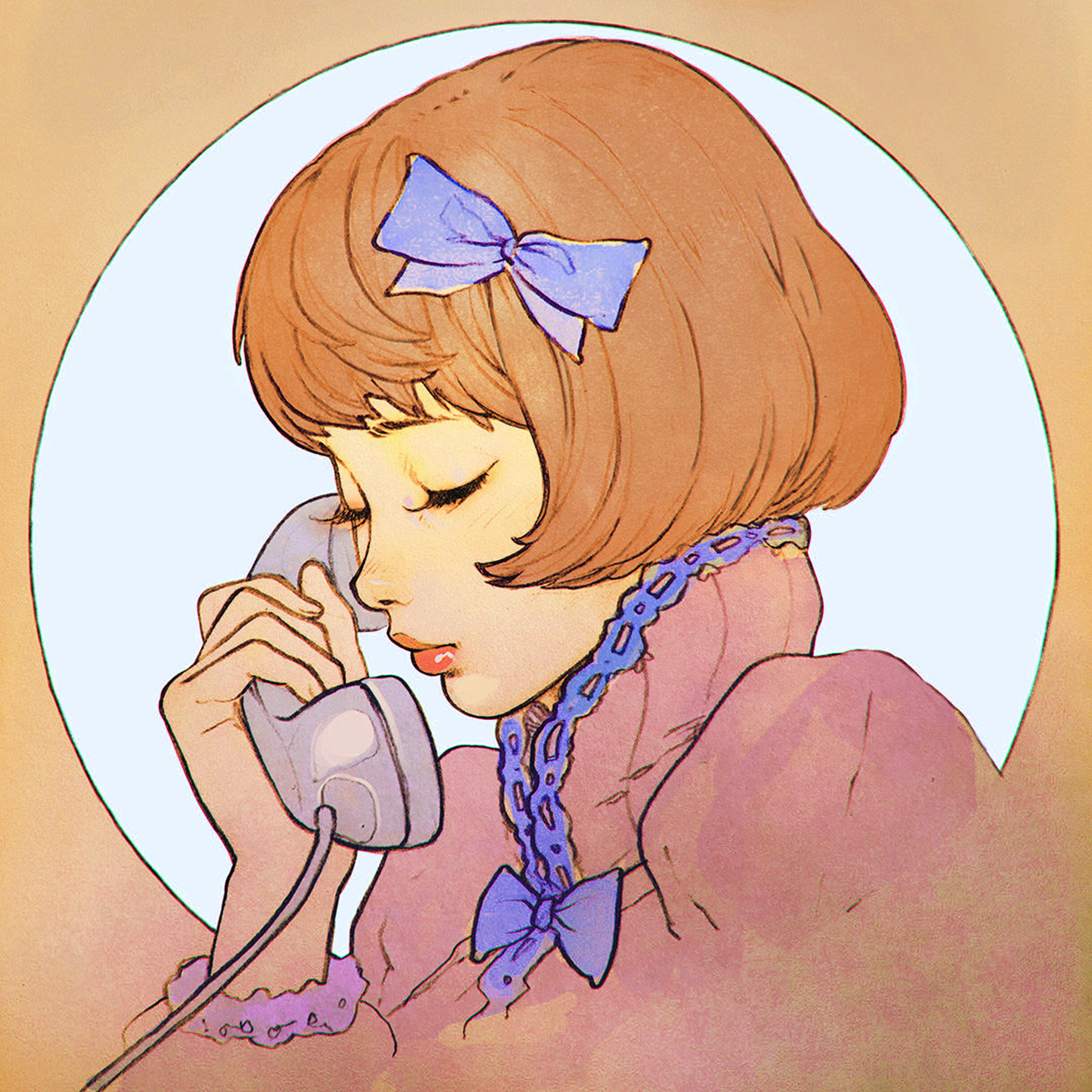 Android wallpaper. orange phone girl cute anime drawing art ilya