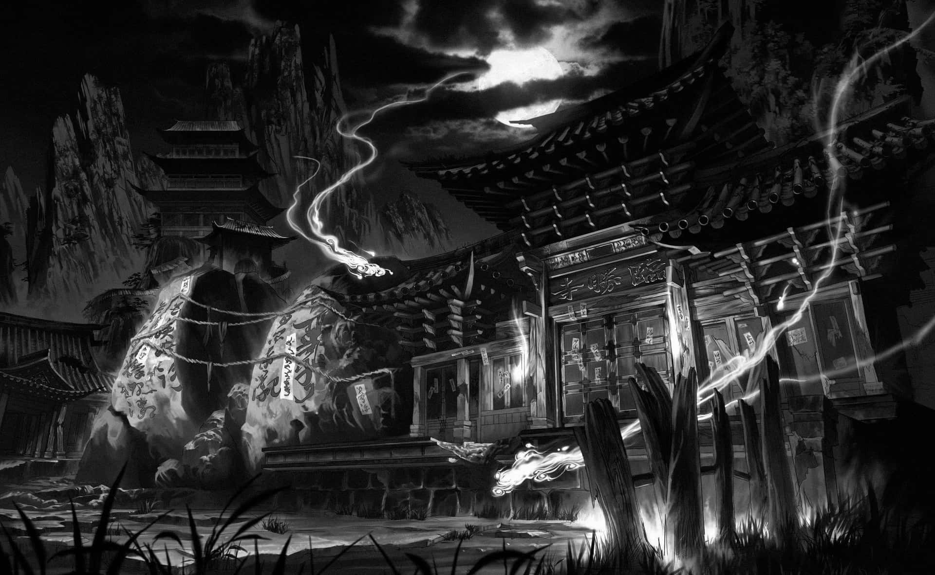 Download A Black And White Illustration Of A Chinese Temple