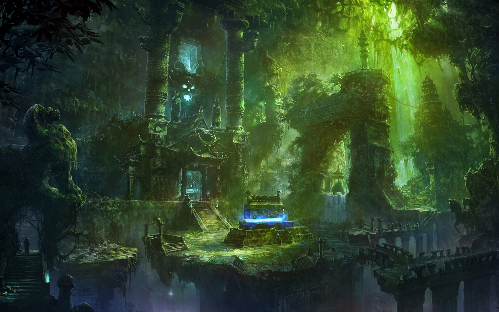 Fantasy temple jungle spooky skull skulls dark magic ruins decay wallpaperx1200