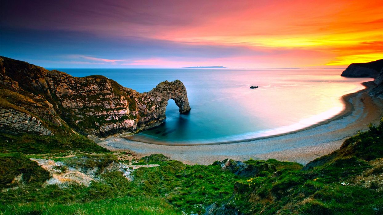 Landscape nature sea sunrise coast rock arch grass England wallpaperx1080