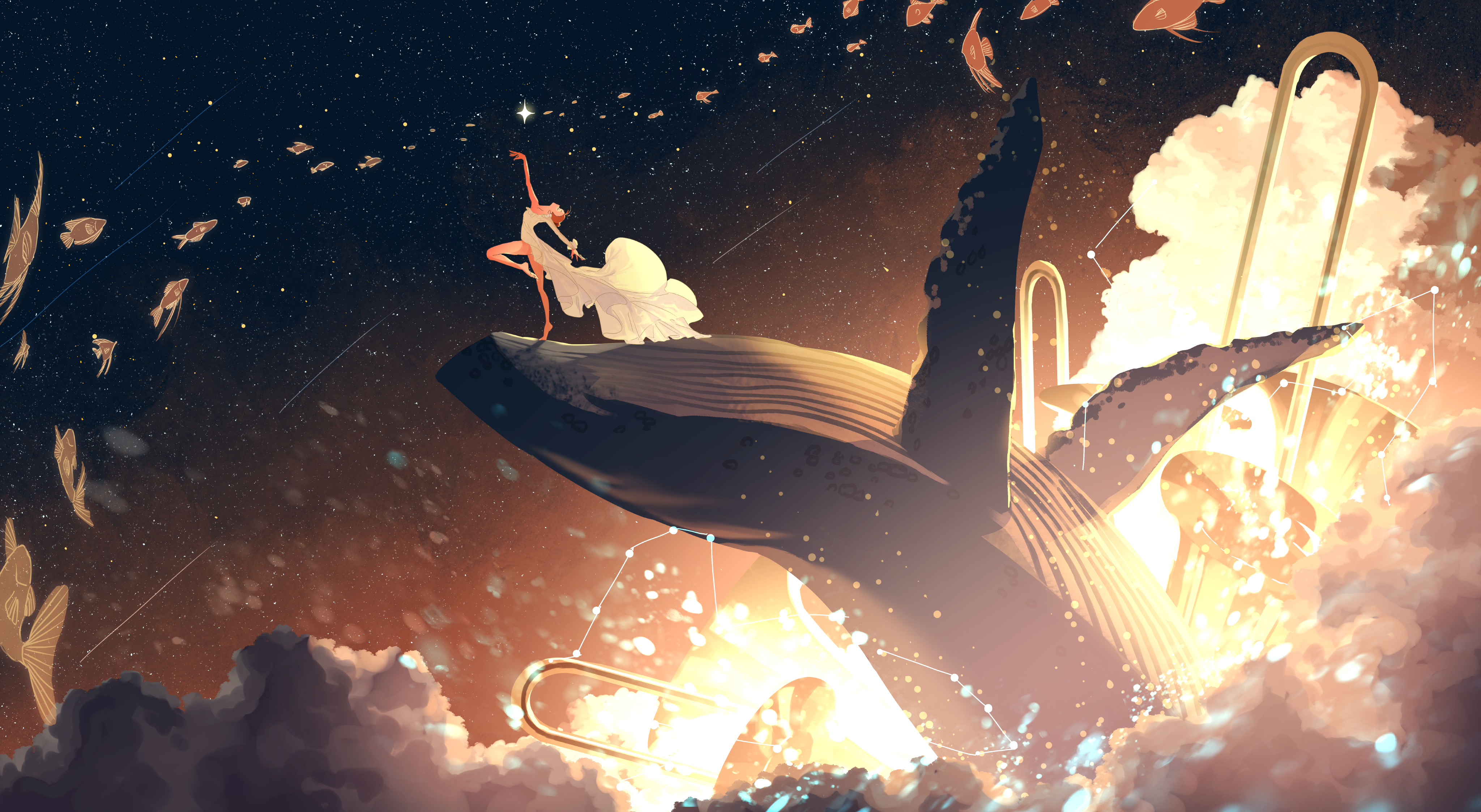 redhead, anime, anime girls, stars, space, universe, fish, clouds, whale, dancing, trumpet, dressx2246 Wallpaper