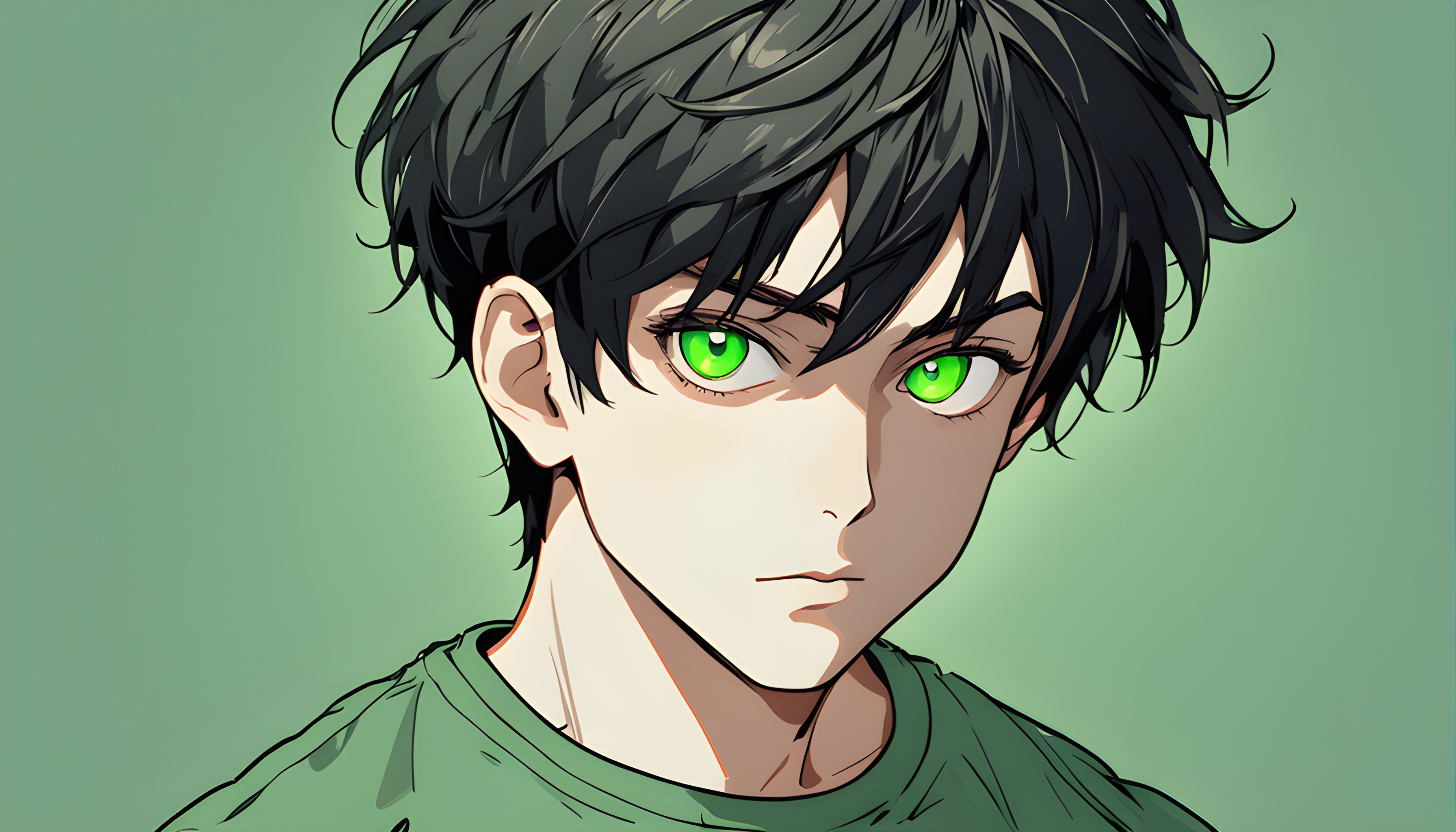 AI Art, black hair, green eye