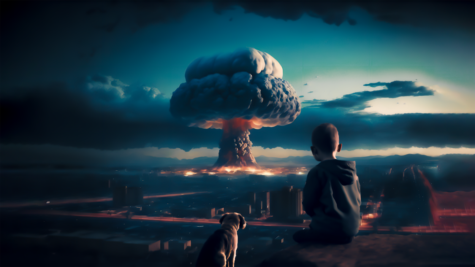 AI Generated Illustration Of Boy And Dog Looking At Atomic Bomb Wallpaper