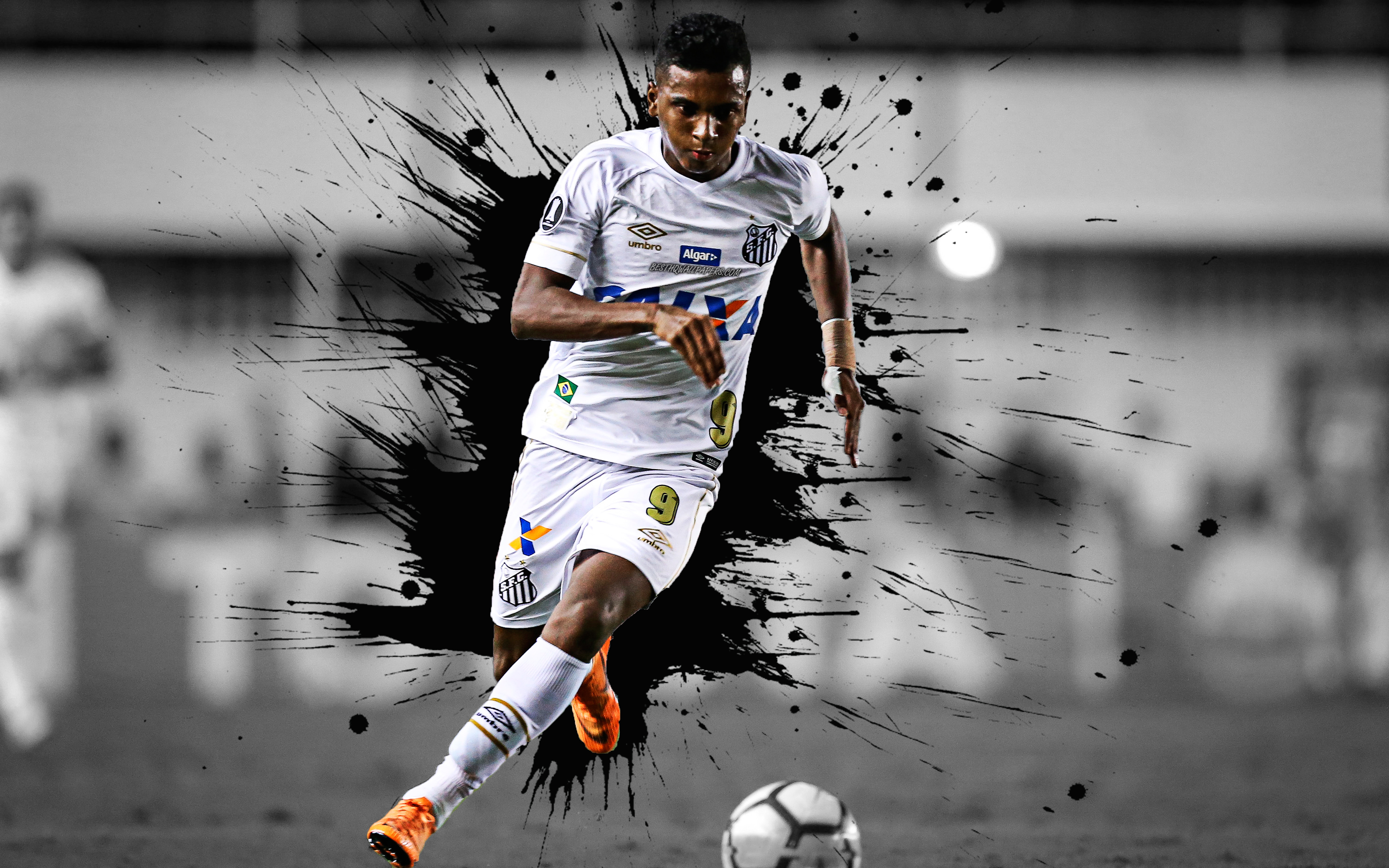 Download wallpaper Rodrygo, 4k, Santos FC, art, Brazilian footballer, splashes of paint, grunge art, creative art, Serie A, Brazil, Rodrygo Silva de Goes, football, young talent for desktop with resolution 3840x2400. High