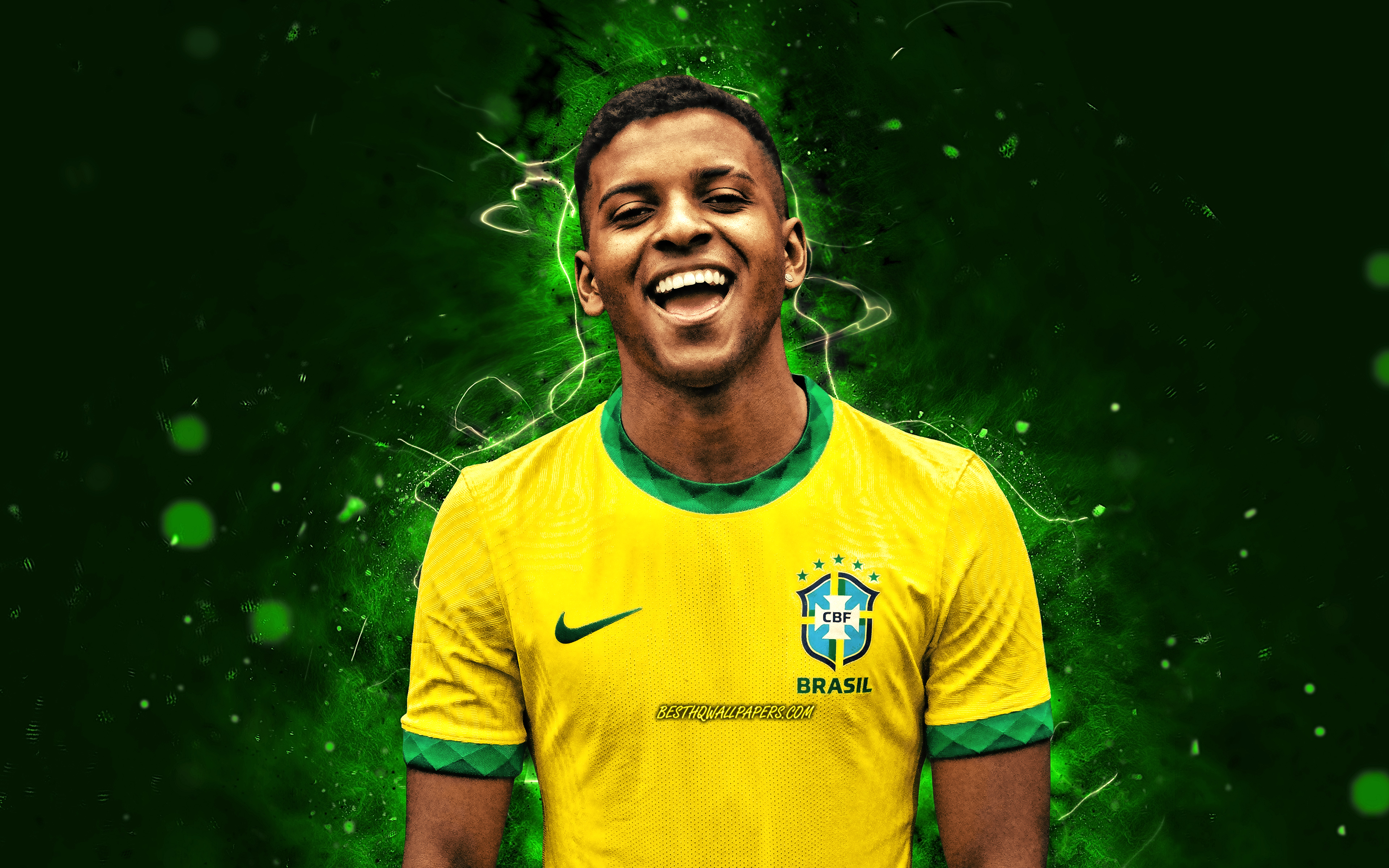 Download wallpaper Rodrygo Goes, 4k, Brazil National Team, soccer, footballers, green neon lights, Rodrygo Silva de Goes, Brazilian football team, Rodrygo Goes 4K for desktop with resolution 3840x2400. High Quality HD picture