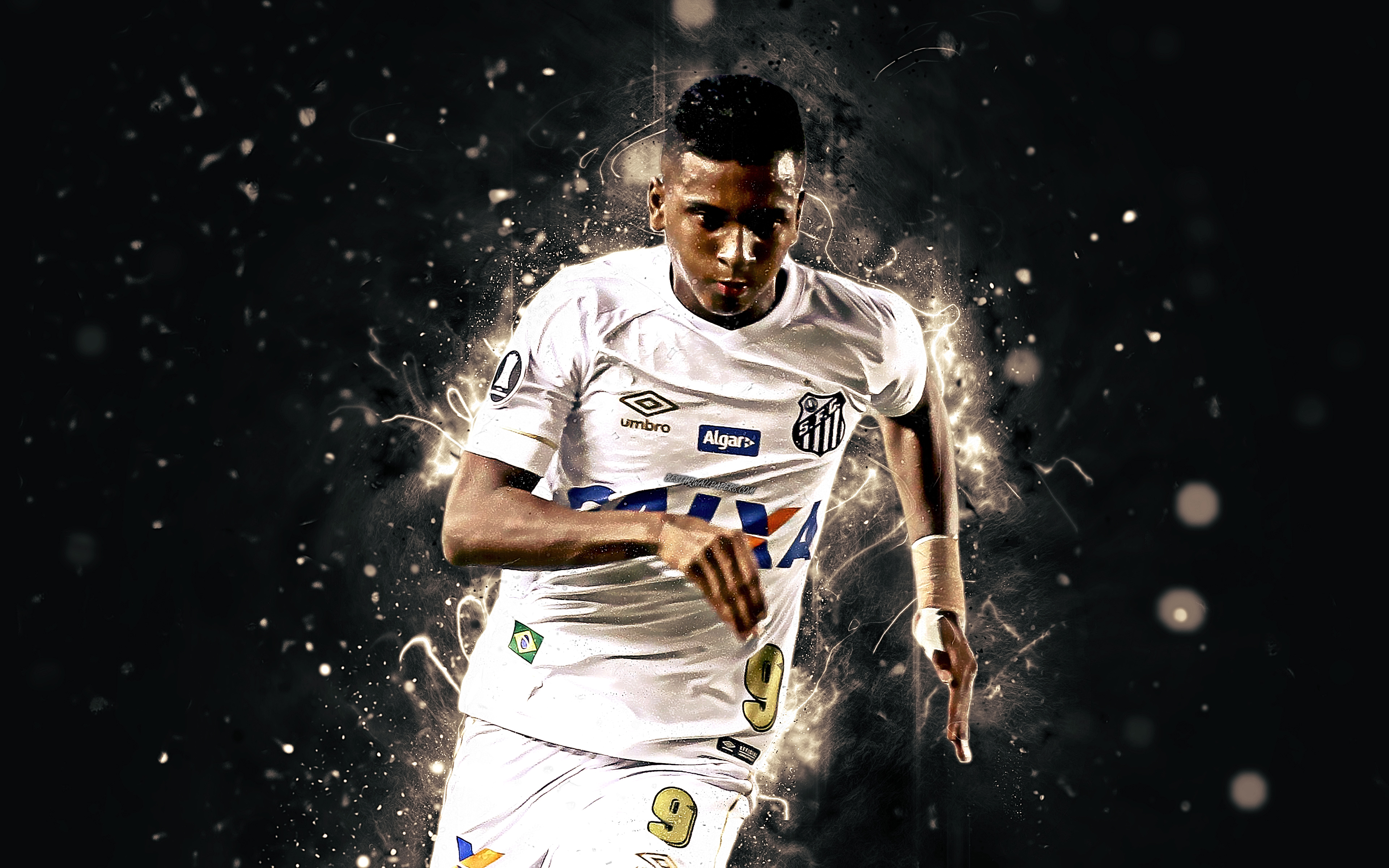 Download wallpaper 4k, Rodrygo, abstract art, brazilian footballer, Santos, soccer, Rodrygo Goes, Brazilian Serie A, football, neon lights, Santos FC for desktop with resolution 3840x2400. High Quality HD picture wallpaper