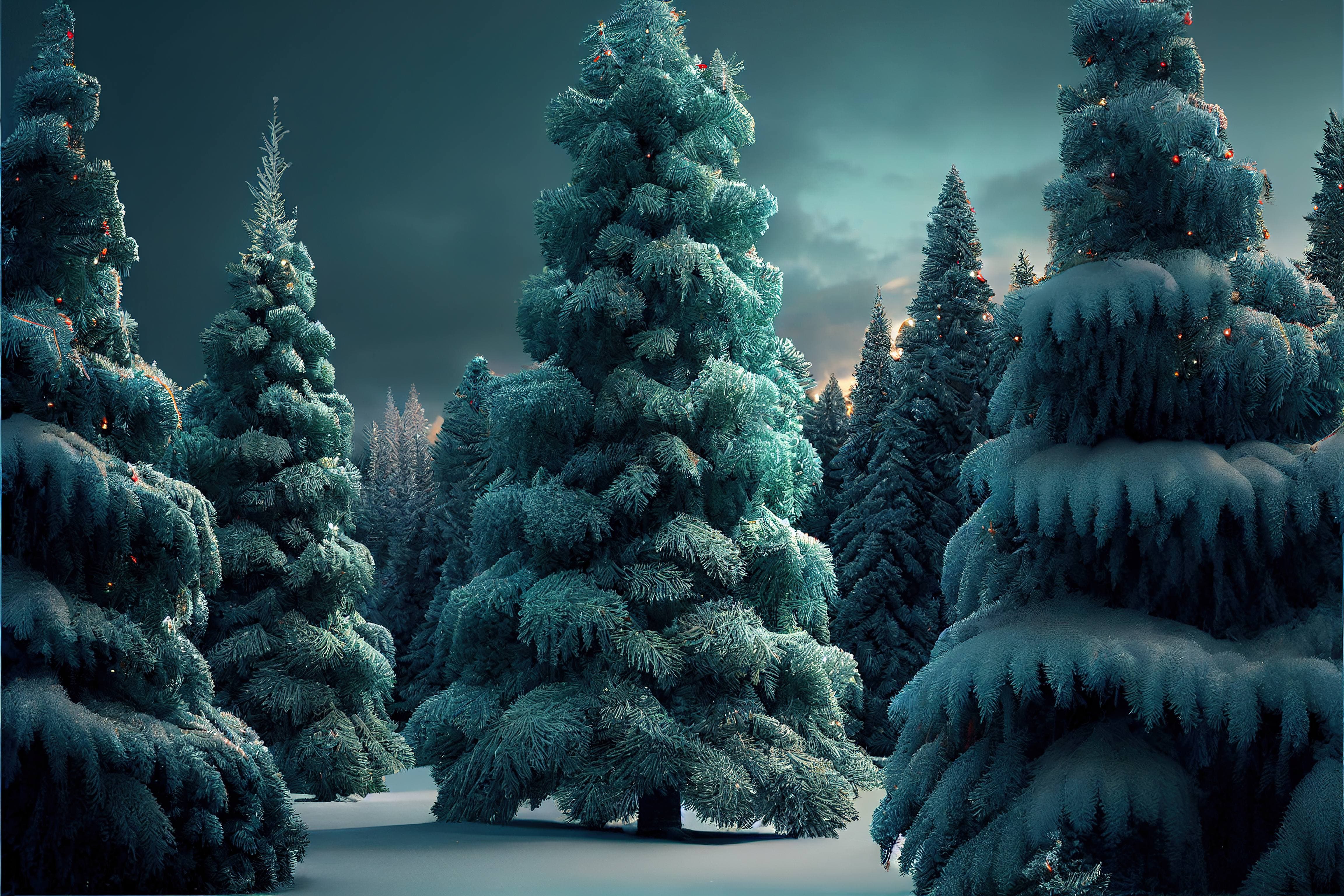 A group of Chrismas trees covered in snow