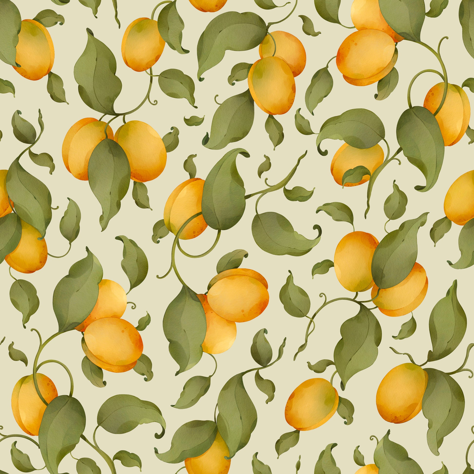 Apricots Green Floral Fruit Traditional and Removable Wallpaper