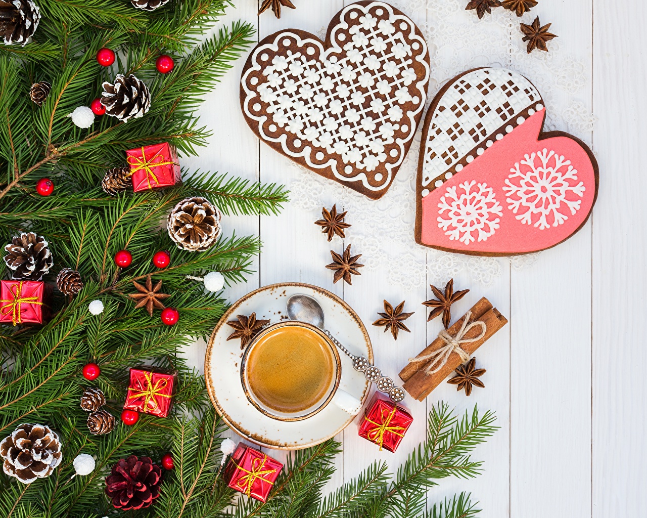 Desktop Wallpaper New year Heart Coffee Cup Cookies Branches Pine