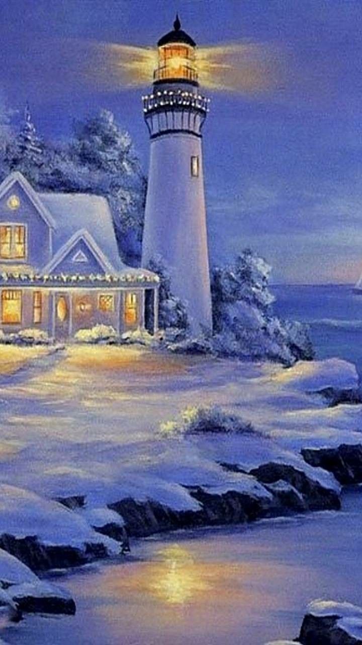 Lighthouse in winter. Christmas lights wallpaper, Christmas paintings on canvas, Lighthouse painting