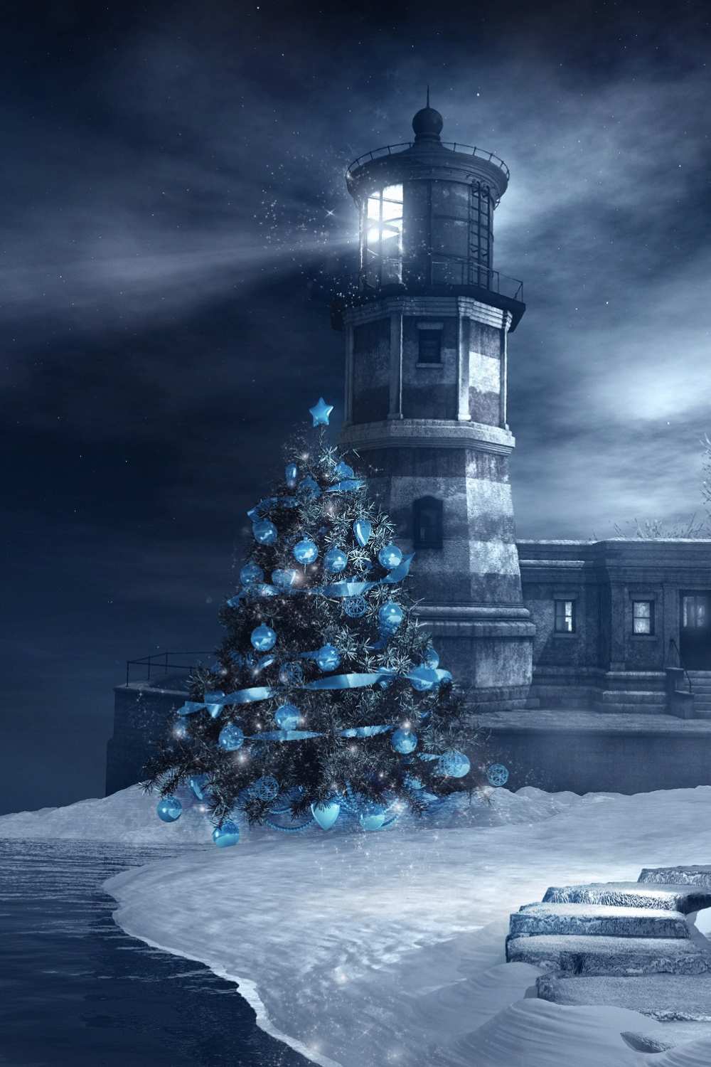 Blue Christmas Tree Wilderness Beach Lighthouse Backdrop IBD 246884