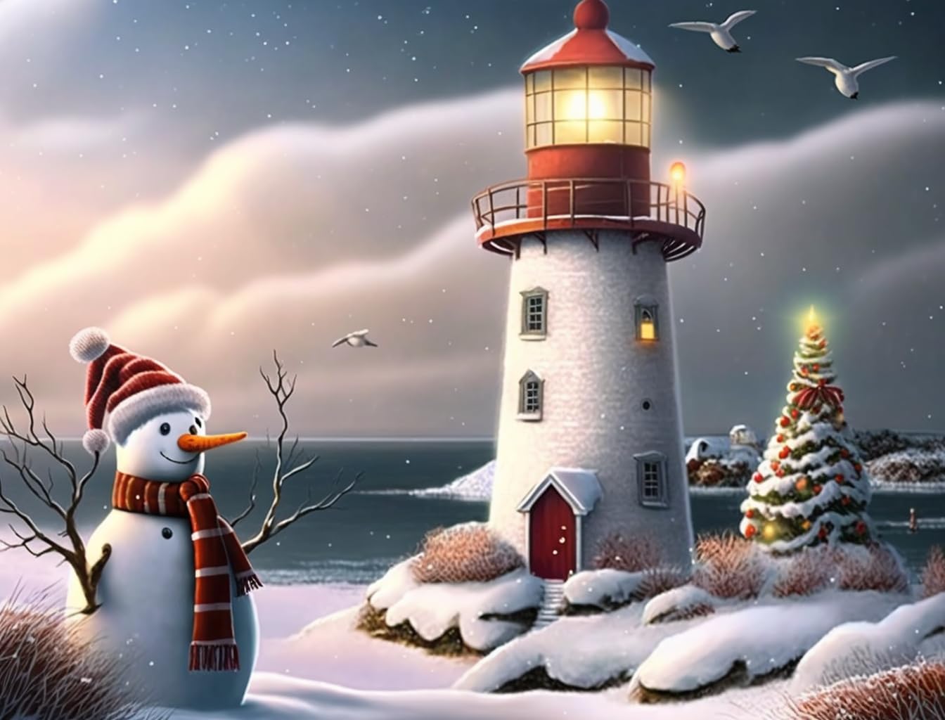 Snowman and Lighthouse Diamond Painting Kits, Adult 5D Diamond Painting, Colorful Rhinestone Diamond Art Kits for Beginners, Perfect Family Wall Decor Gift (18x25inch)