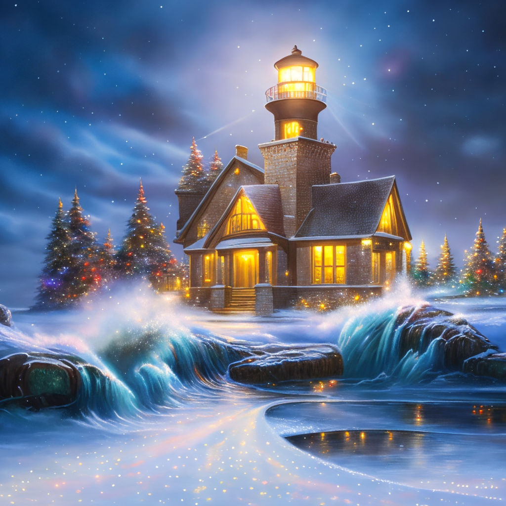 Christmas colorful lights on a winter lighthouse