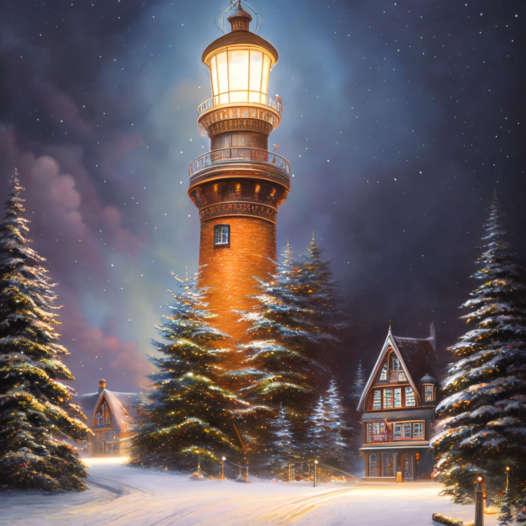 Christmas colorful lights on a winter lighthouse