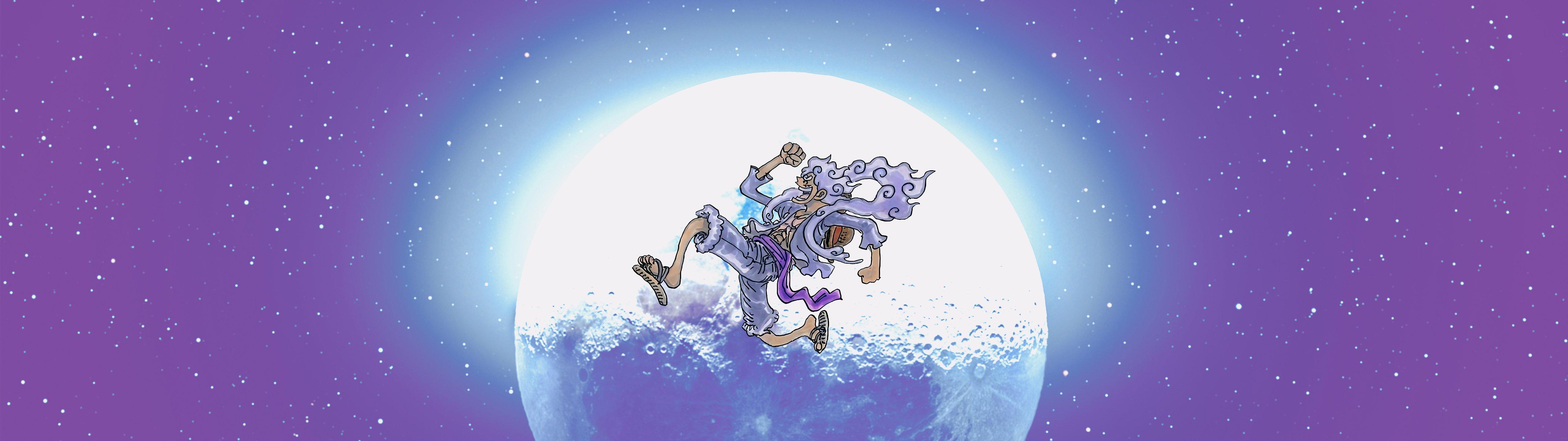 white hair, closed eyes, One Piece, Gear 5th, Monkey D. Luffy, anime boys, minimalism, simple background, Moon, stars, wide screenx1440 Wallpaper