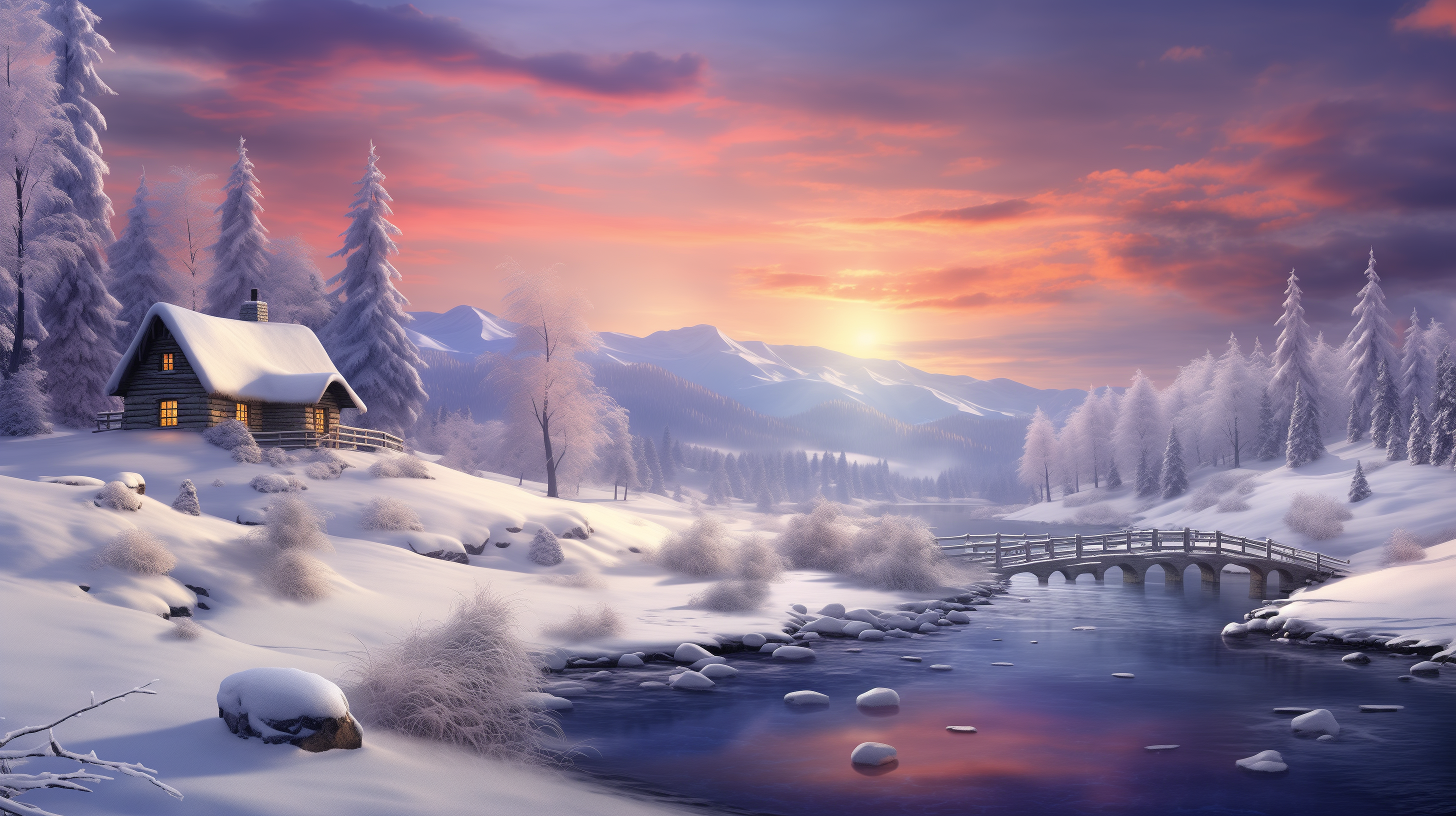 Winter Wonderland Cabin Sunset