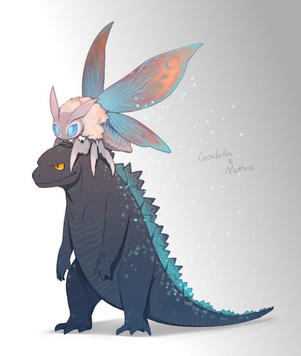 Don't know the artist but OMG this is cute. #godzilla #godzillakingofthemonsters #mothra. การออกแบบตัวละคร, สัตว์แฟนตาซี, สัตว์