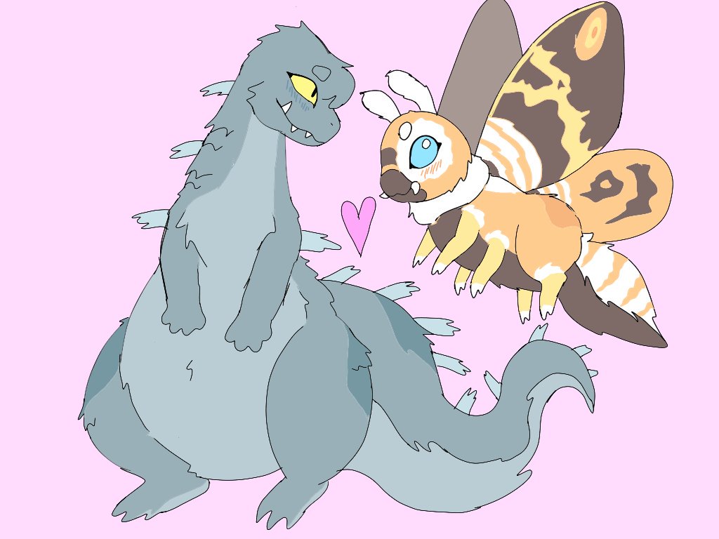 safe, artist:puppychan, godzilla (godzilla), mothra (godzilla), arthropod, fictional species, insect, kaiju, moth, feral, godzilla (series), colored sclera, cute, duo, duo female, female, females only, heart, pink background, romantic couple