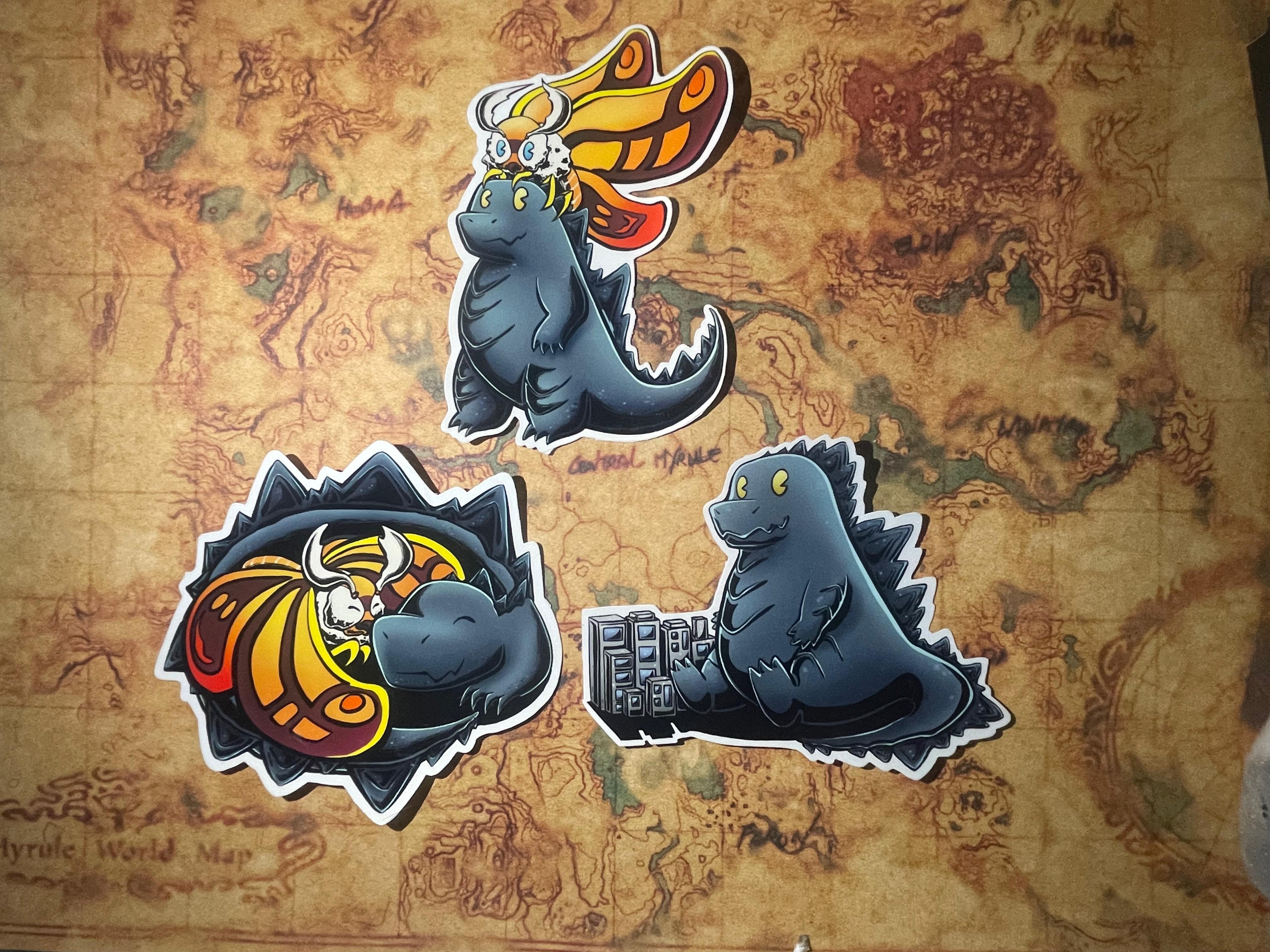 Handmade Godzilla & Mothra Stickers By MonaToraArts