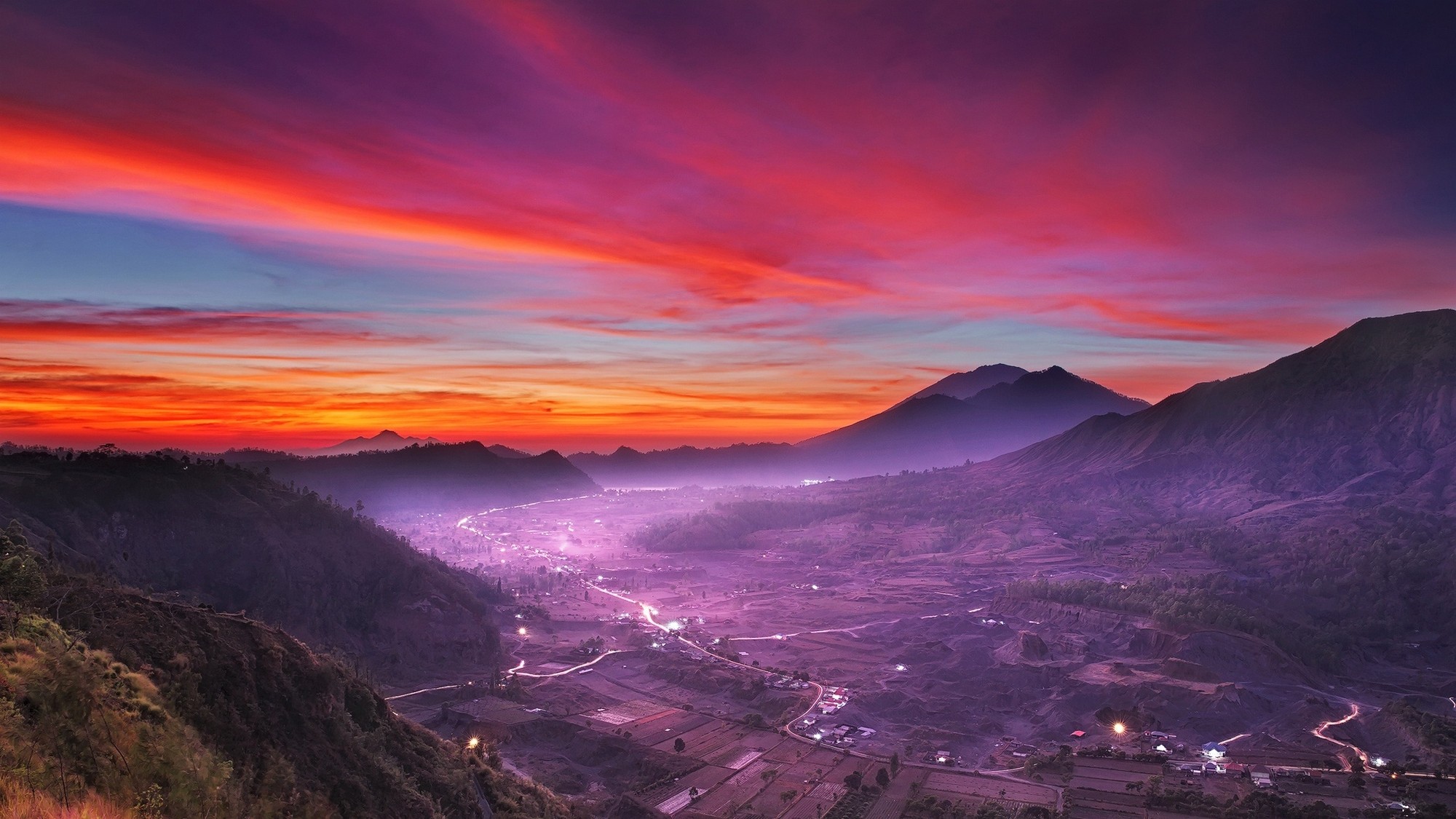 valley, mist, Indonesia, nature, mountains, village (2000x1125px) on Wallls.com