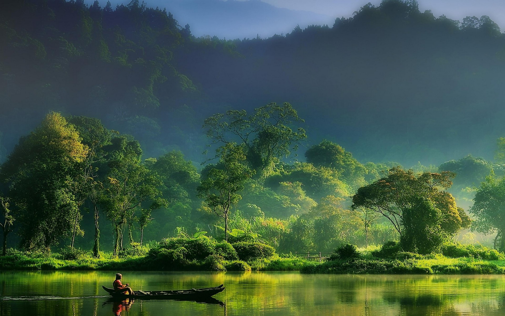 landscape, green, boat, mountain, Indonesia, forest (1920x1200px) on Wallls.com