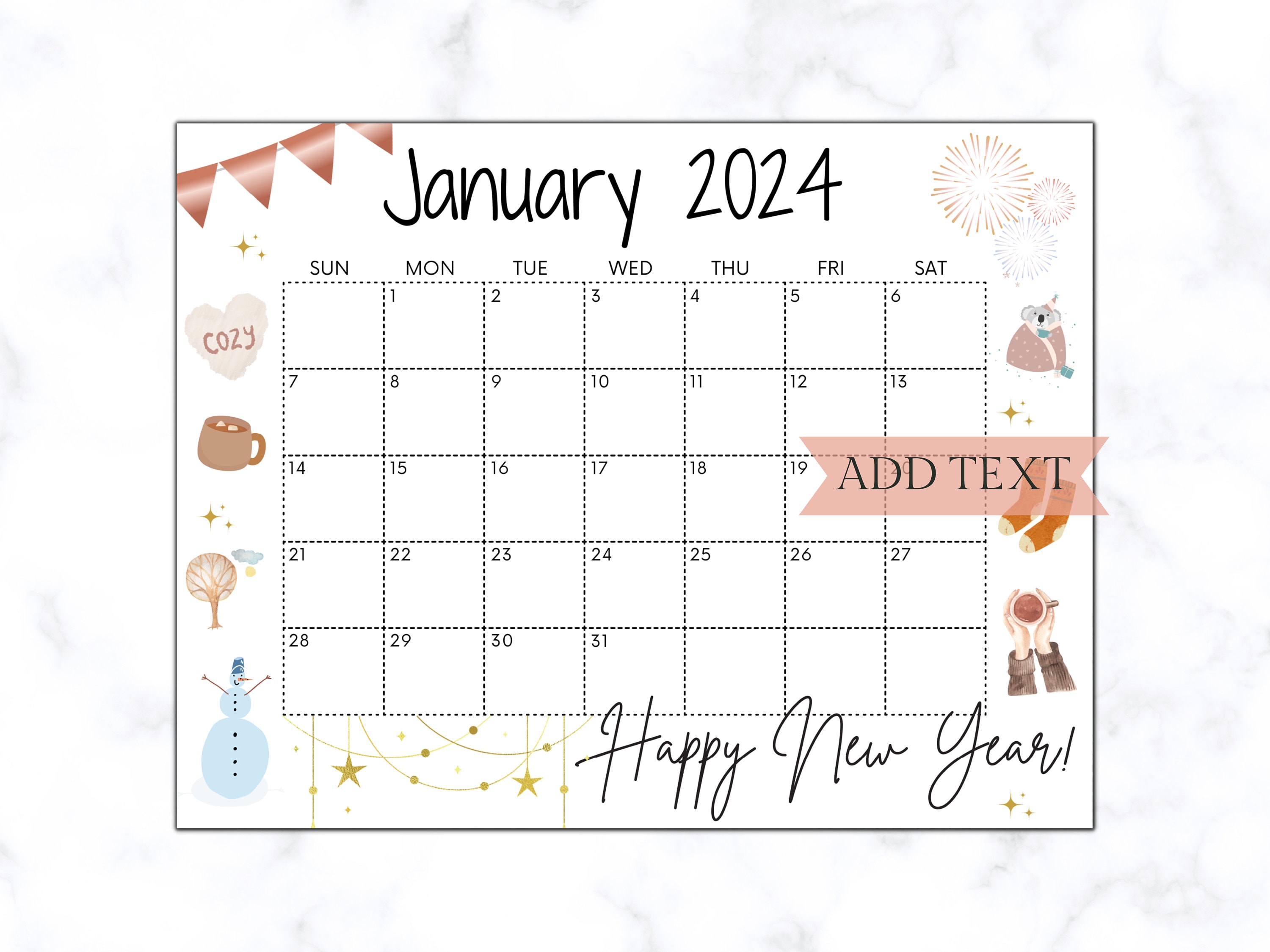 Editable January Calendar 2024 Printable Wall Calendar 2024
