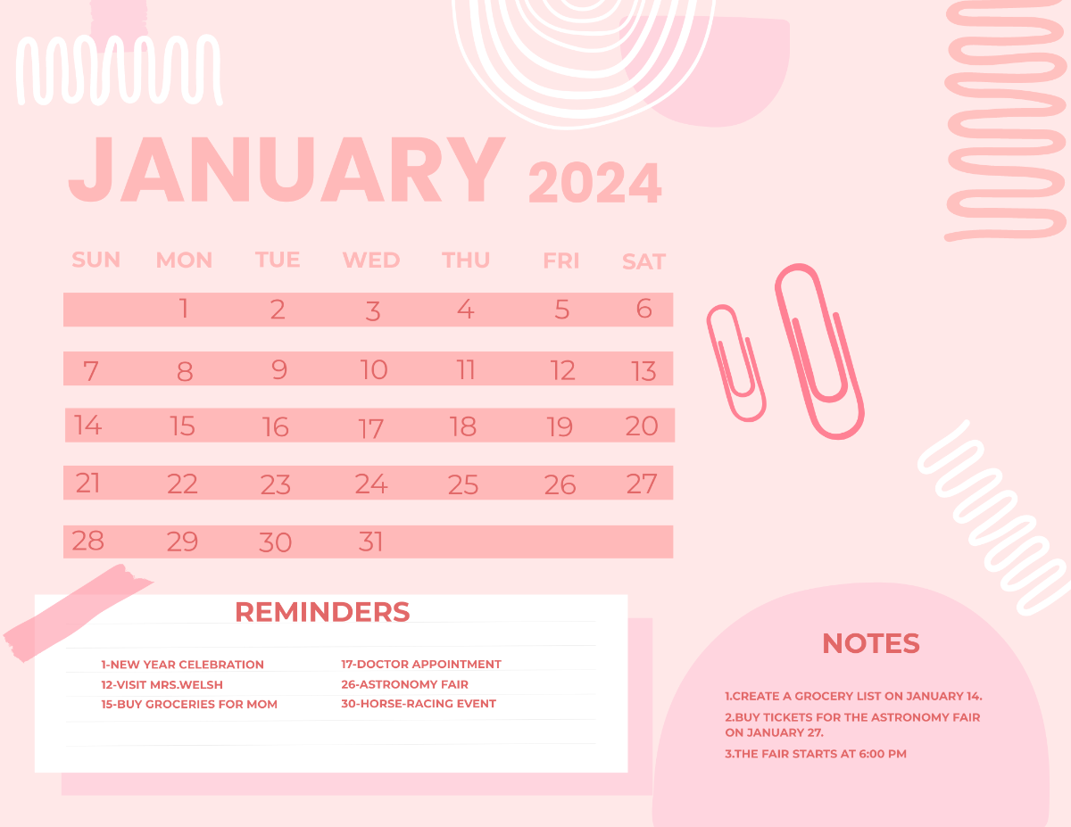 FREE January 2024 Calendar in Word, Google Docs, Excel, PDF, Google Sheets, Illustrator, Photohop, Apple Pages, EPS, SVG, JPG