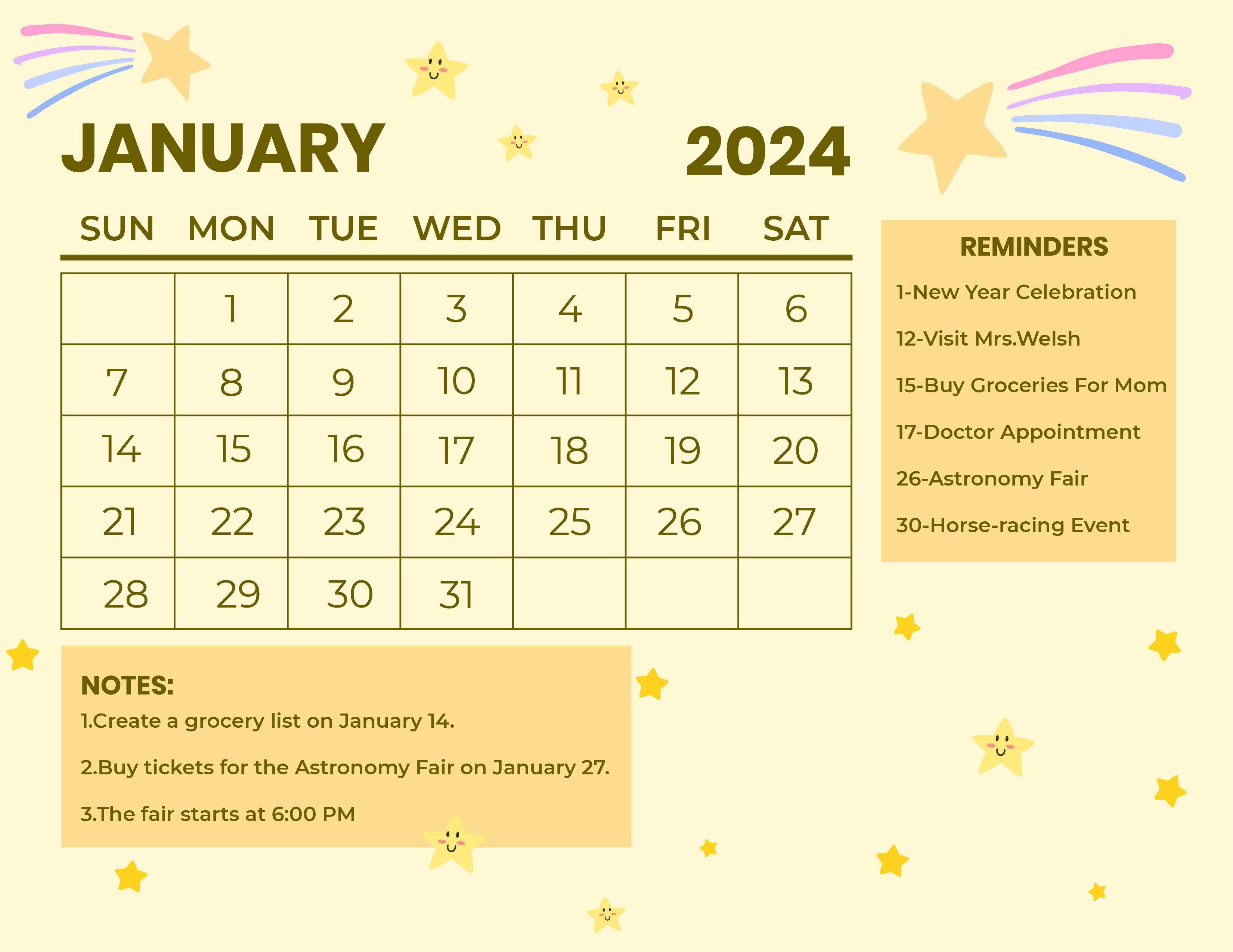 FREE January 2024 Calendar in Word, Google Docs, Excel, PDF, Google Sheets, Illustrator, Photohop, Apple Pages, EPS, SVG, JPG