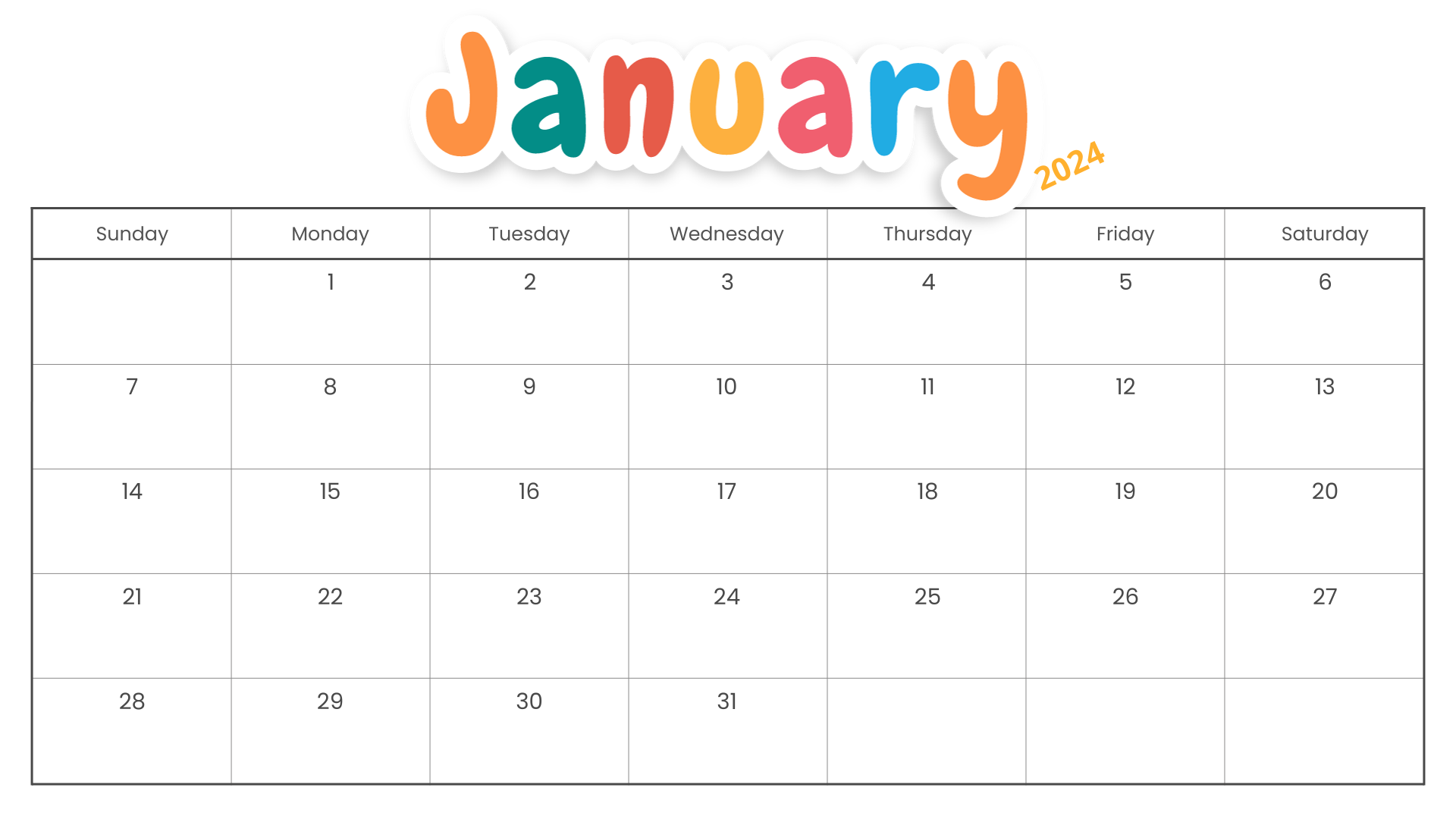 Free Printable January 2024 Calendar