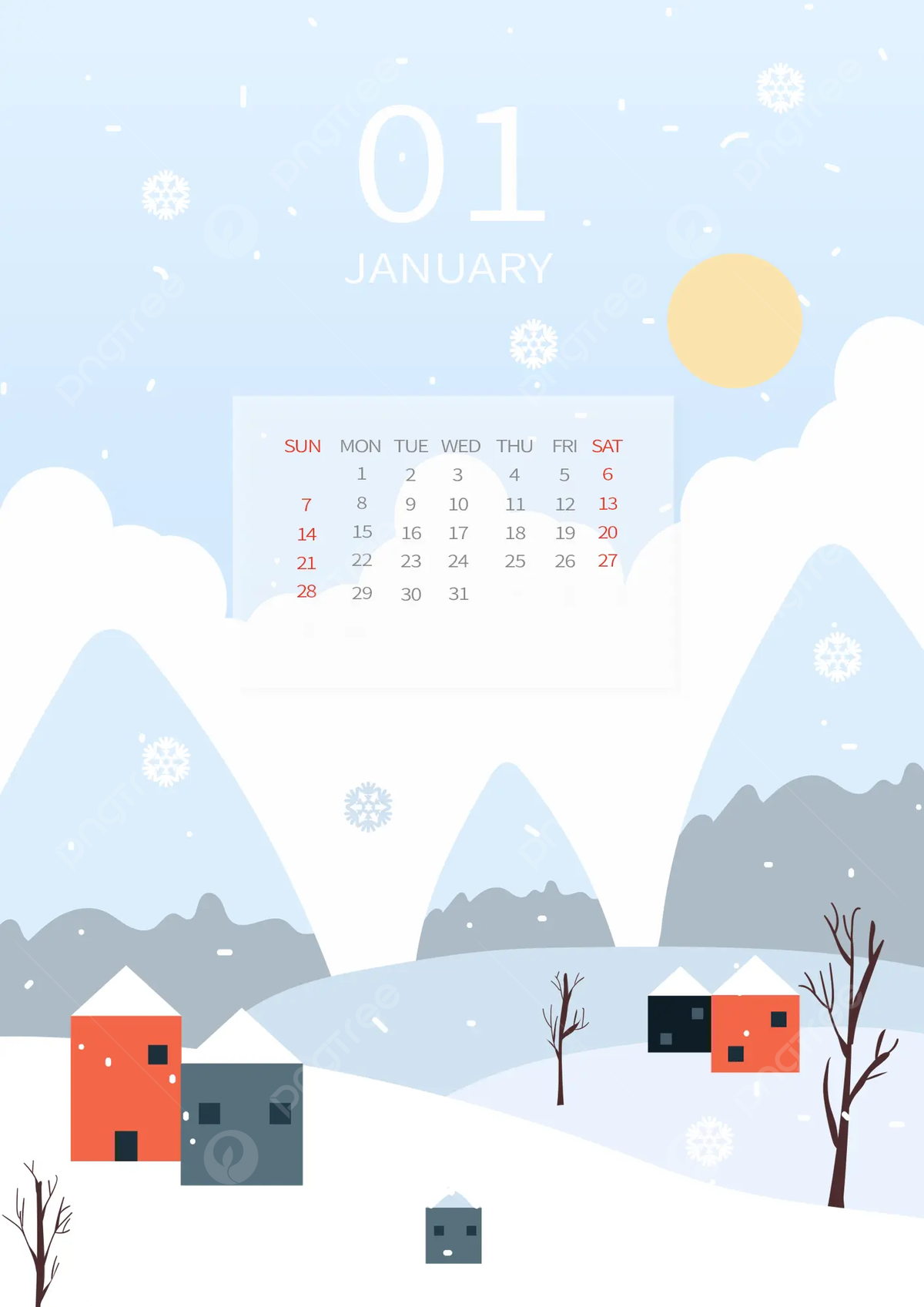 January 2024 Calendar White Snow Landscape Cartoon Style Download on Pngtree