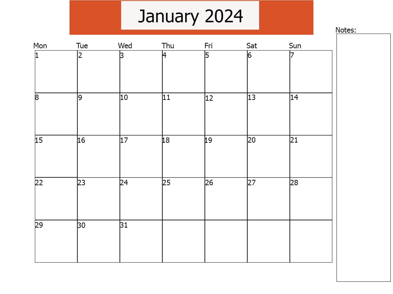 2024 Calendar January 2024 Printable Calendar Horizontal