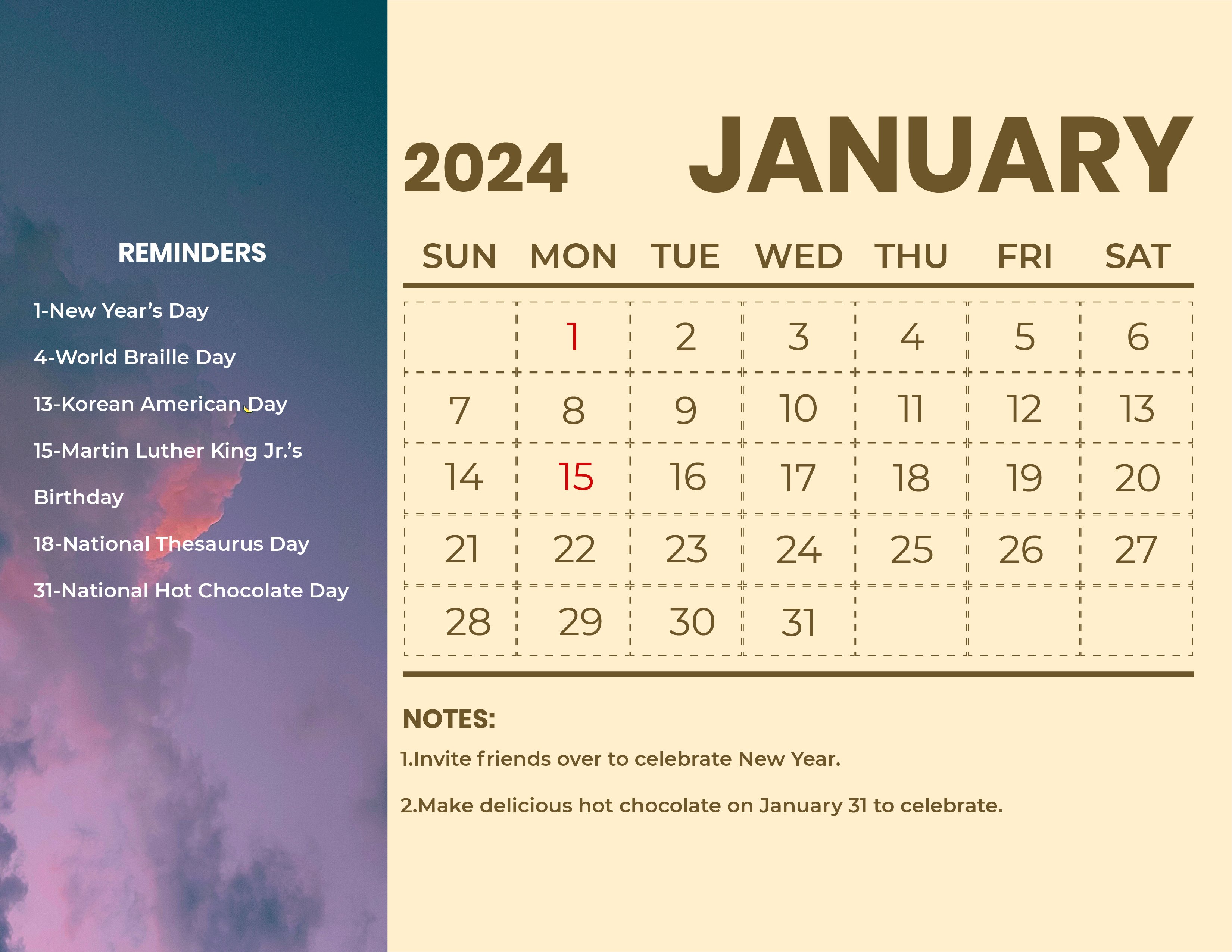 January 2024 Calendar With Holidays in Word, Illustrator, EPS, SVG, JPG