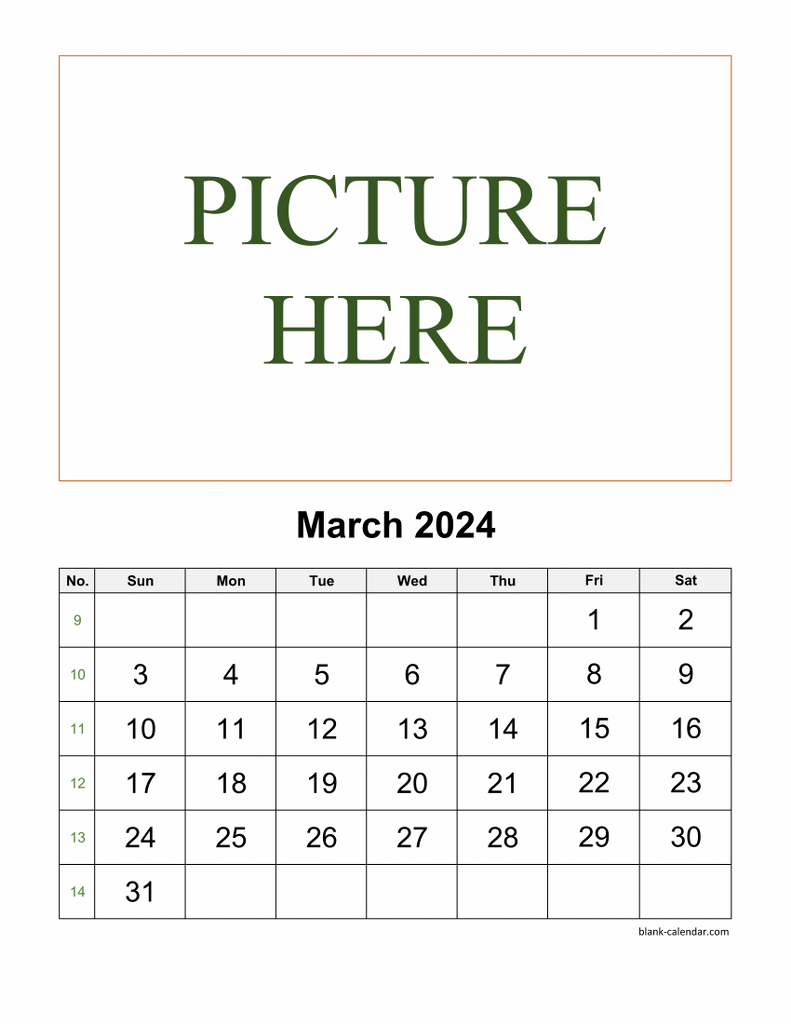 Free Download Printable March 2024 Calendar, picture can be placed