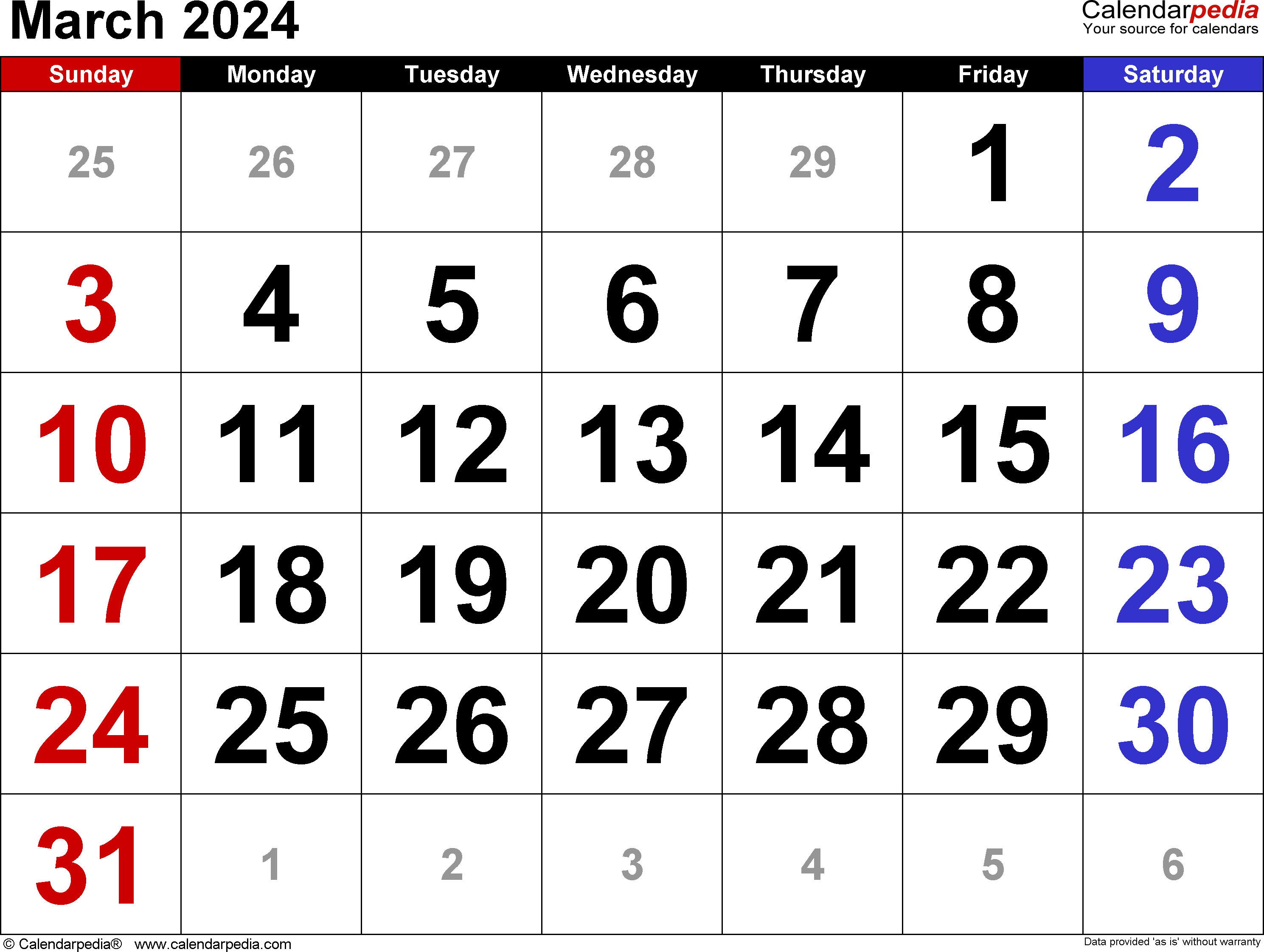 March 2024 Calendar. for Word, Excel
