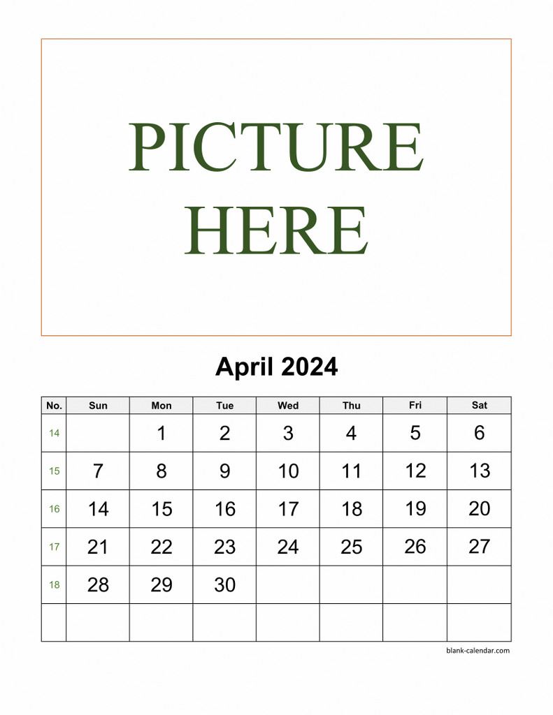 Free Download Printable April 2024 Calendar, picture can be placed