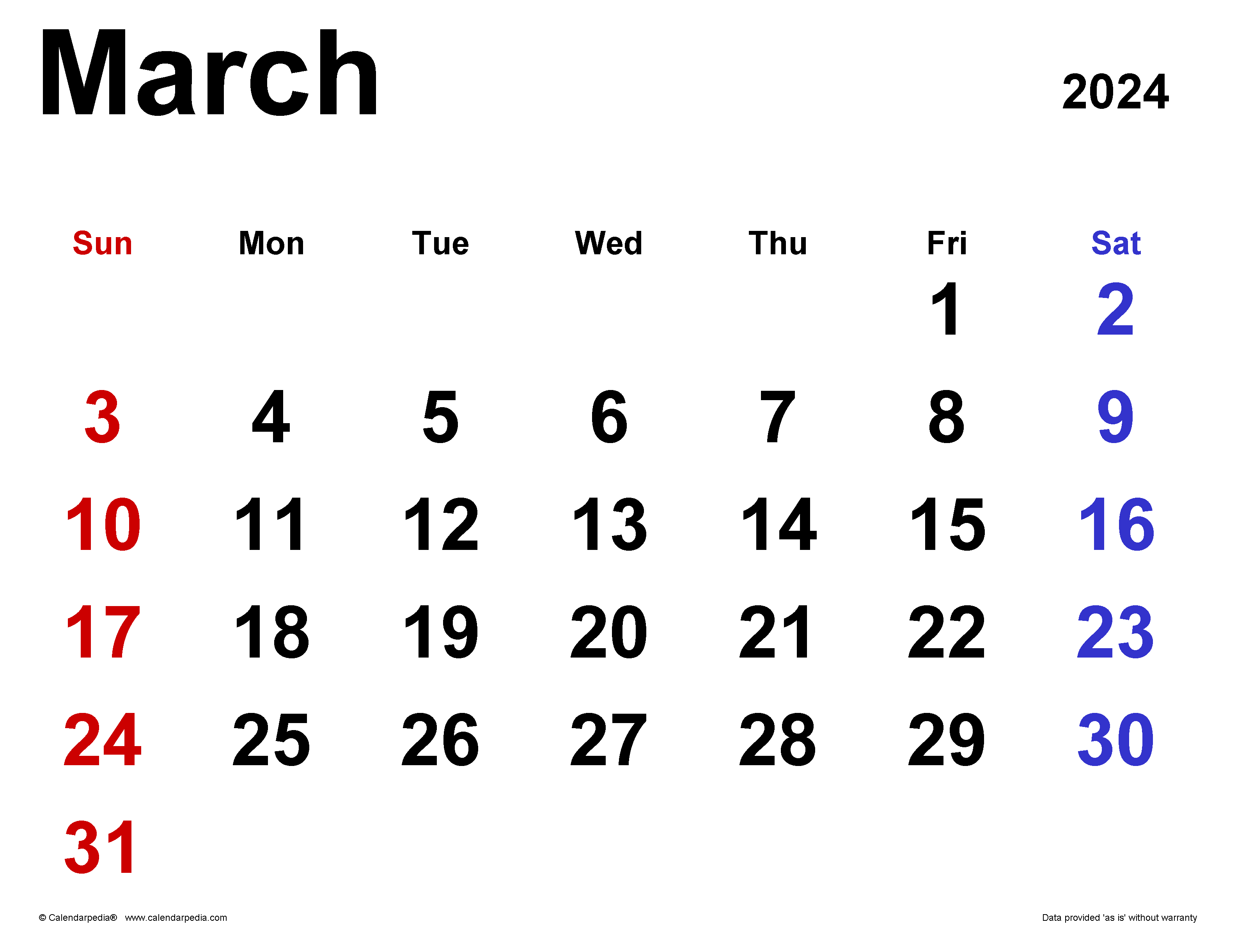 March 2024 Calendar. for Word, Excel