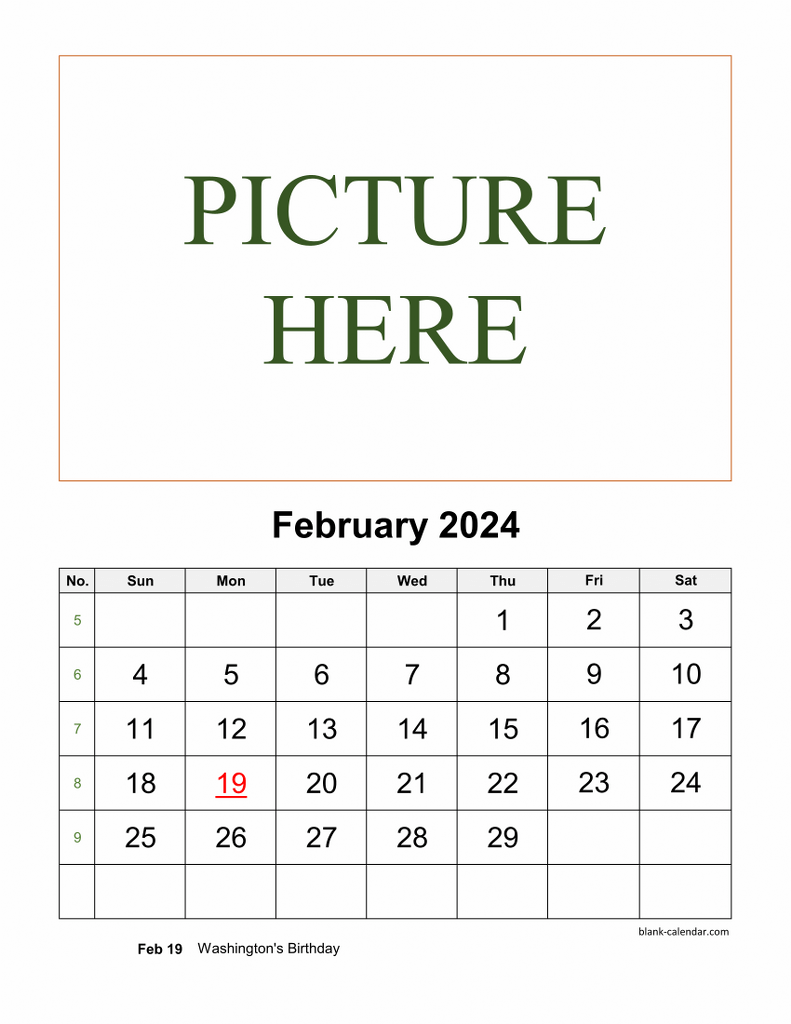 Free Download Printable February 2024 Calendar, picture can be placed