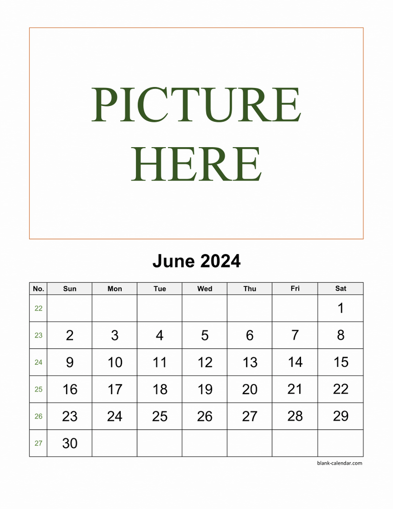 Free Download Printable June 2024 Calendar, picture can be placed