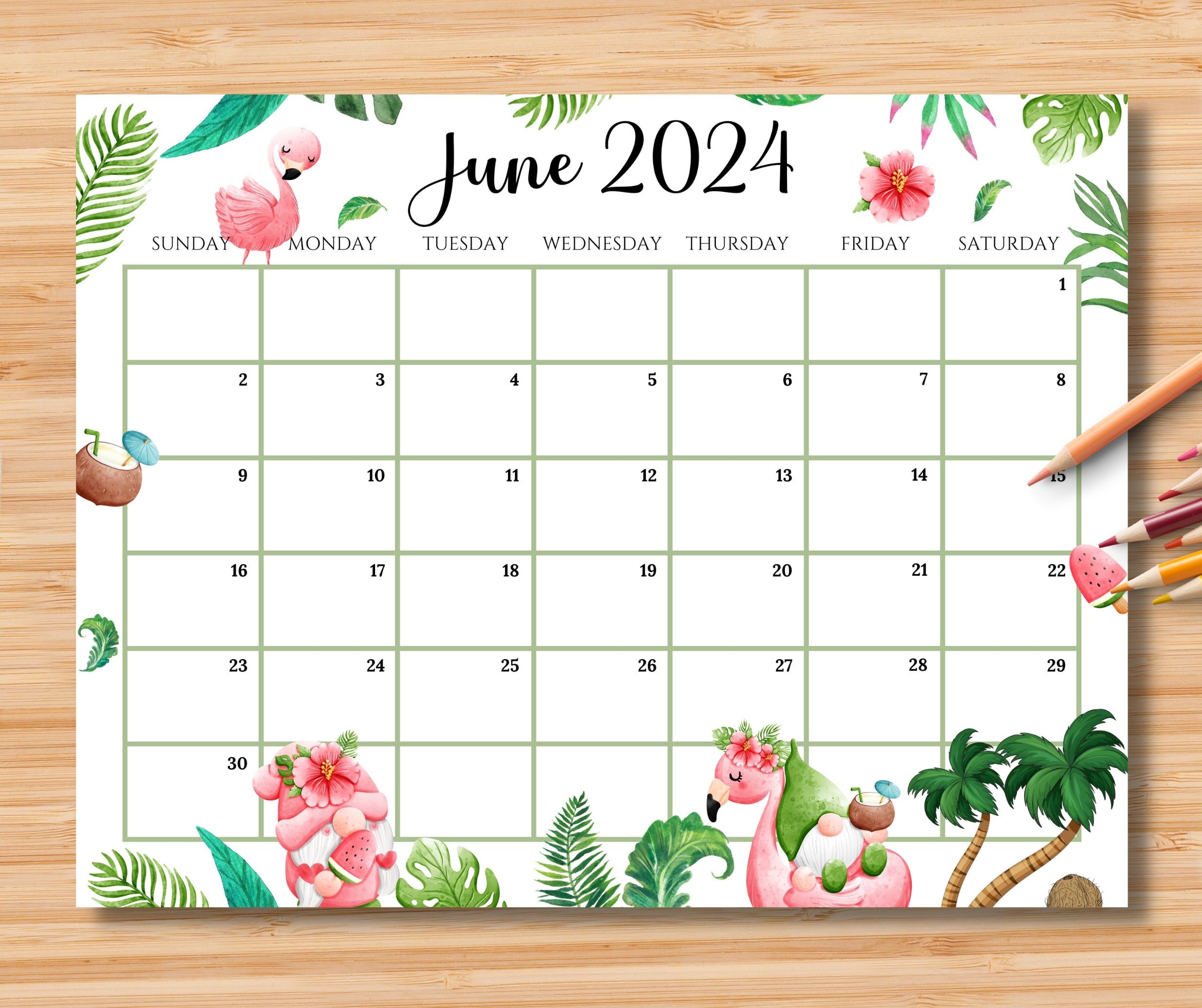EDITABLE June 2024 Calendar Joyful Summer With Cute Gnomes